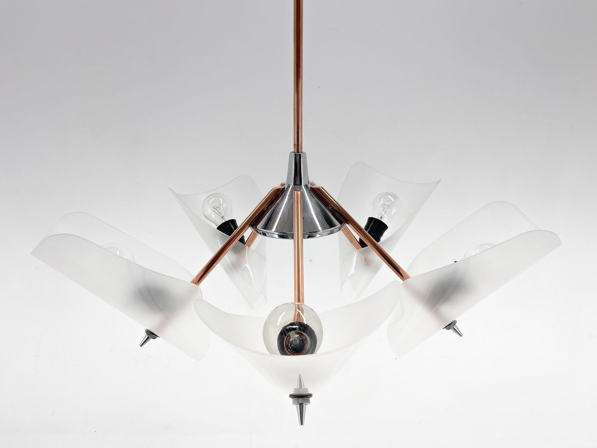 Mid-Century Chrome, Copper & Plastic Chandelier by Drukov, 1970s / 2 Pieces Avl For Sale 3