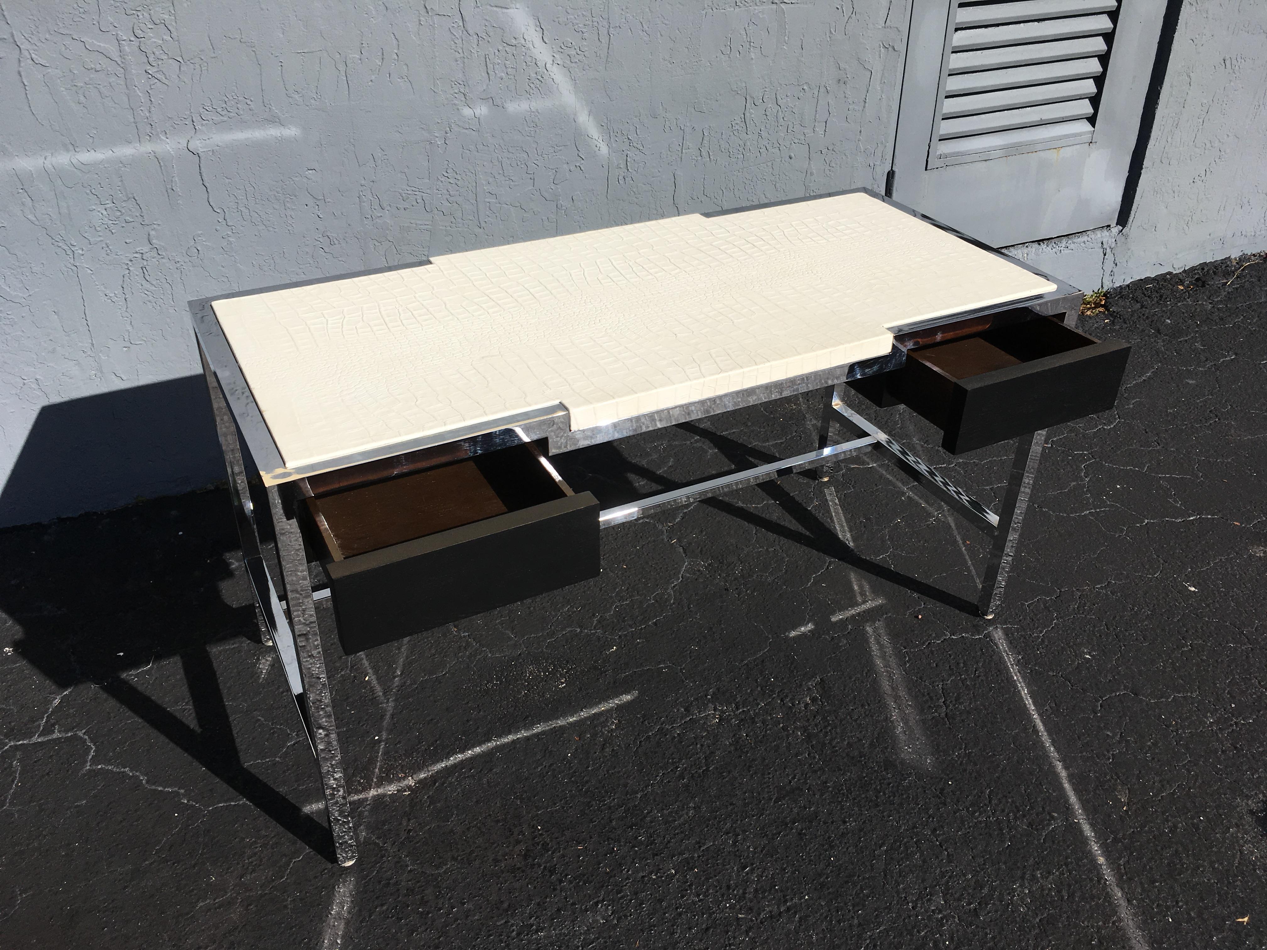 Midcentury Chrome Desk with Alligator Leather Top by Century 4