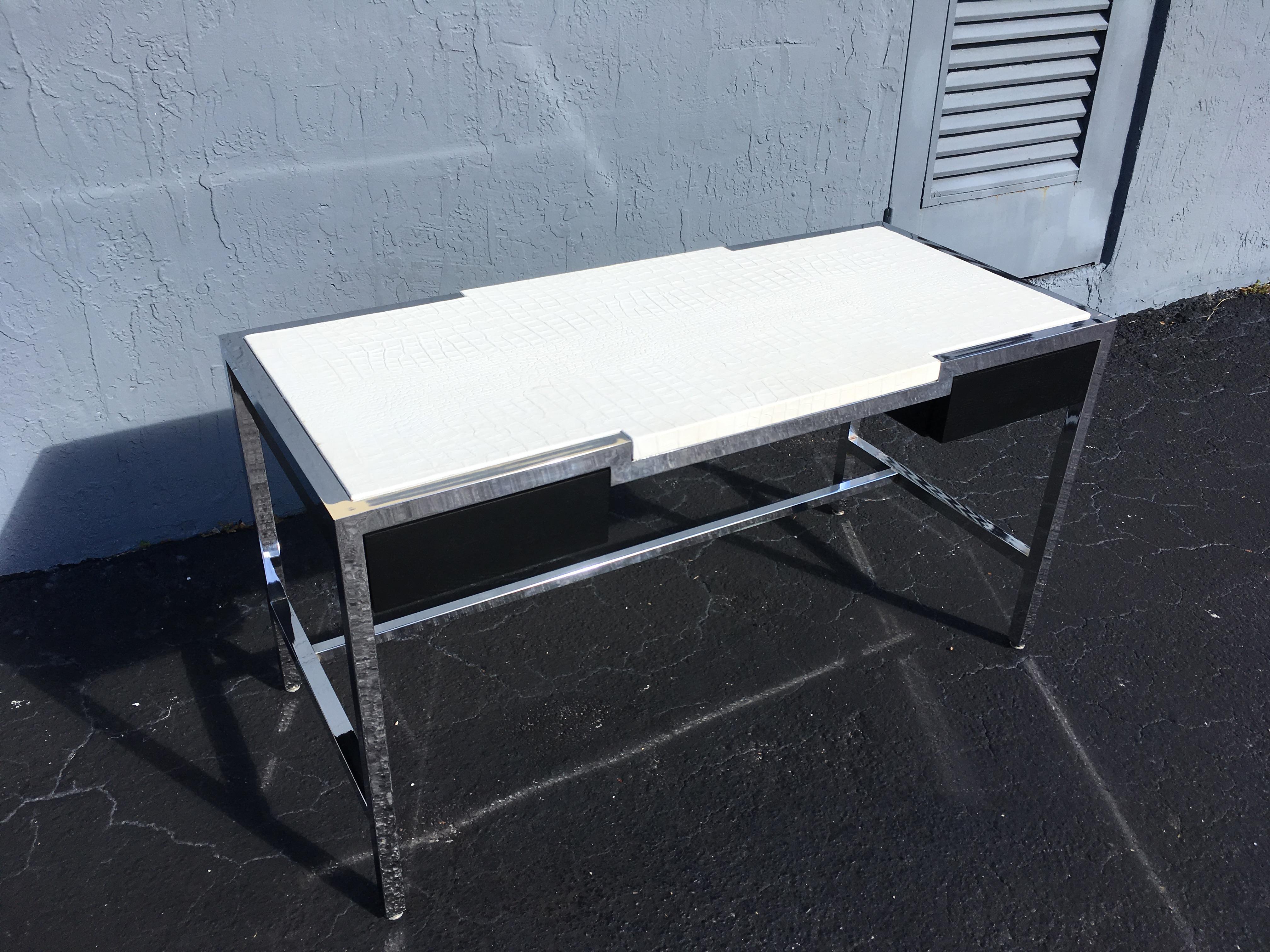 Midcentury Chrome Desk with Alligator Leather Top by Century 9