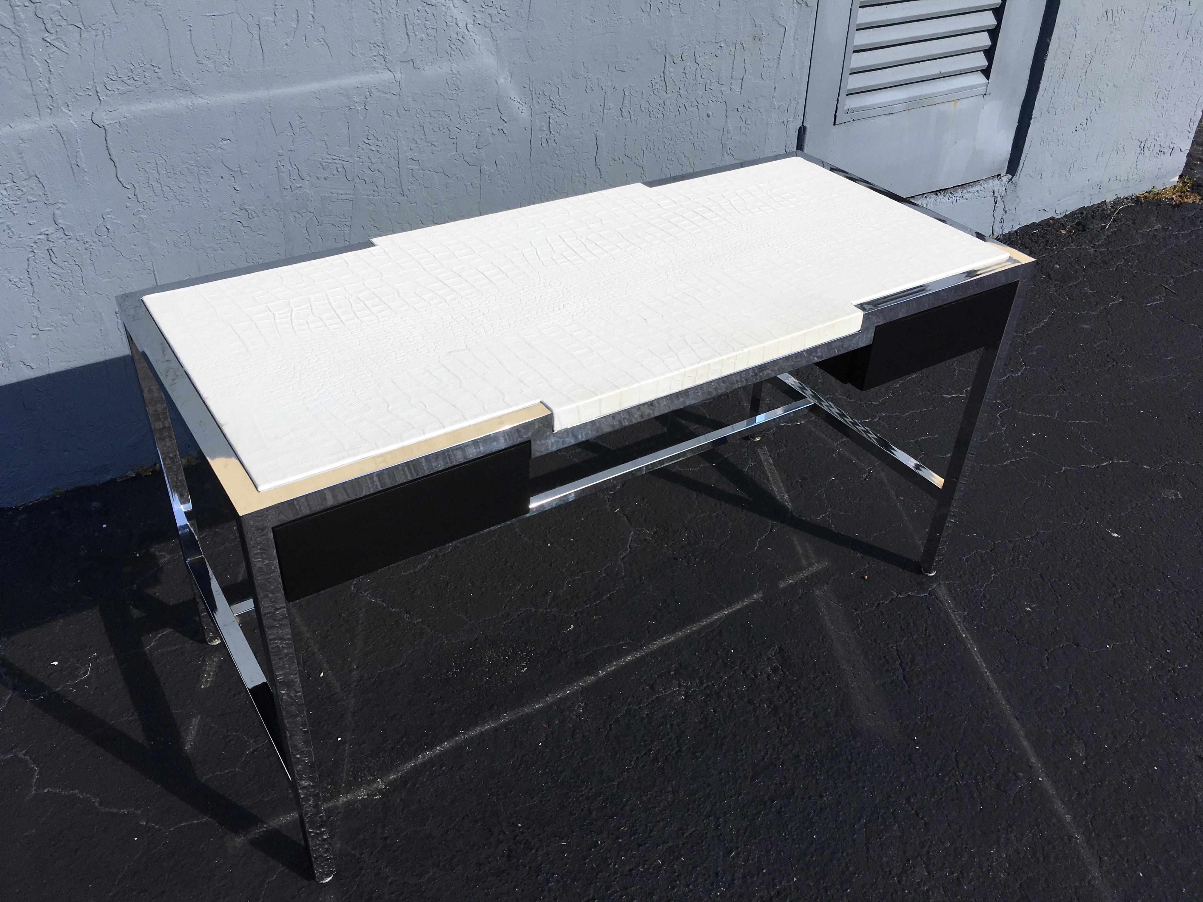 Midcentury Chrome Desk with Alligator Leather Top by Century 12