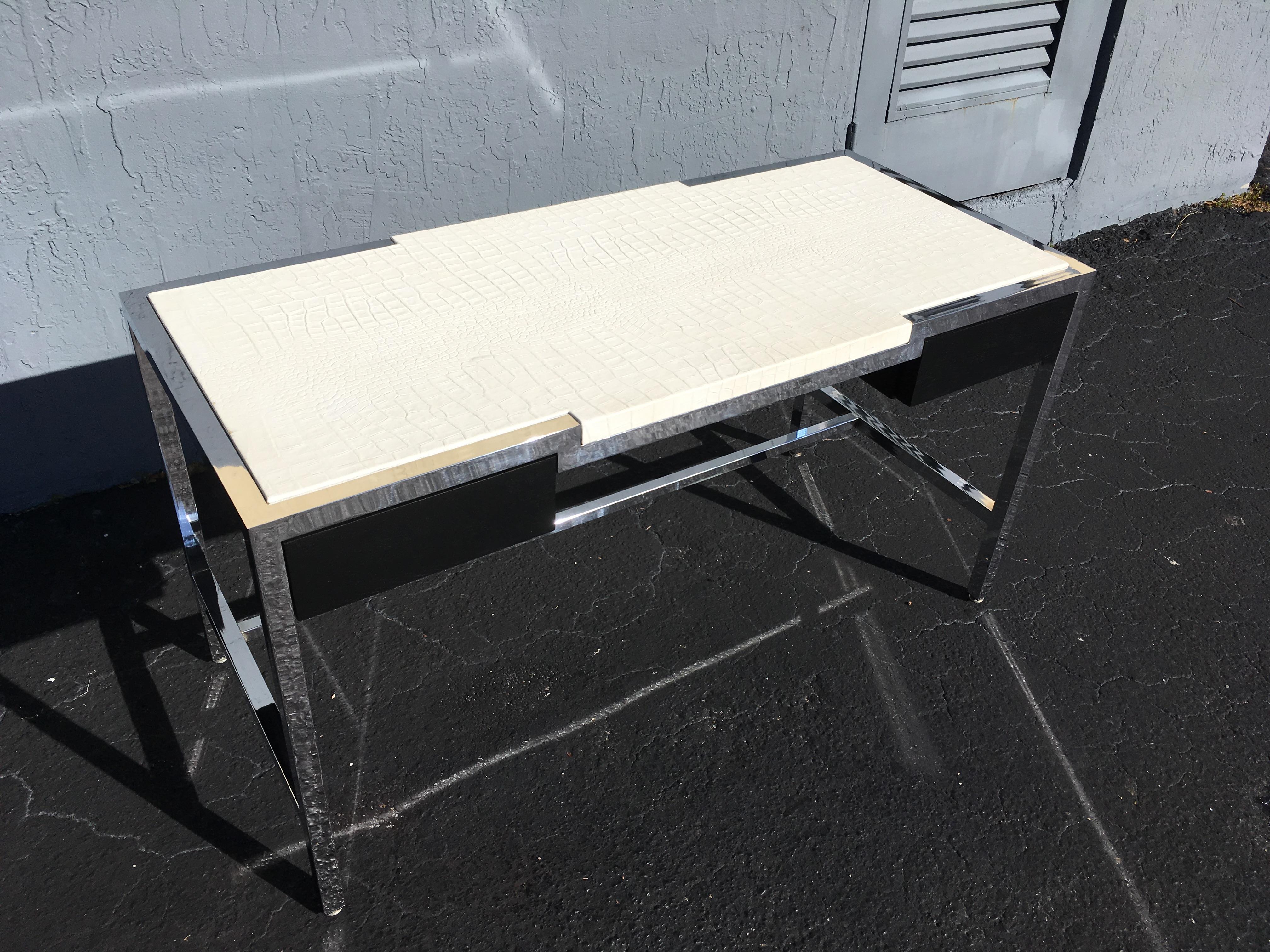 Midcentury Chrome Desk with Alligator Leather Top by Century 13