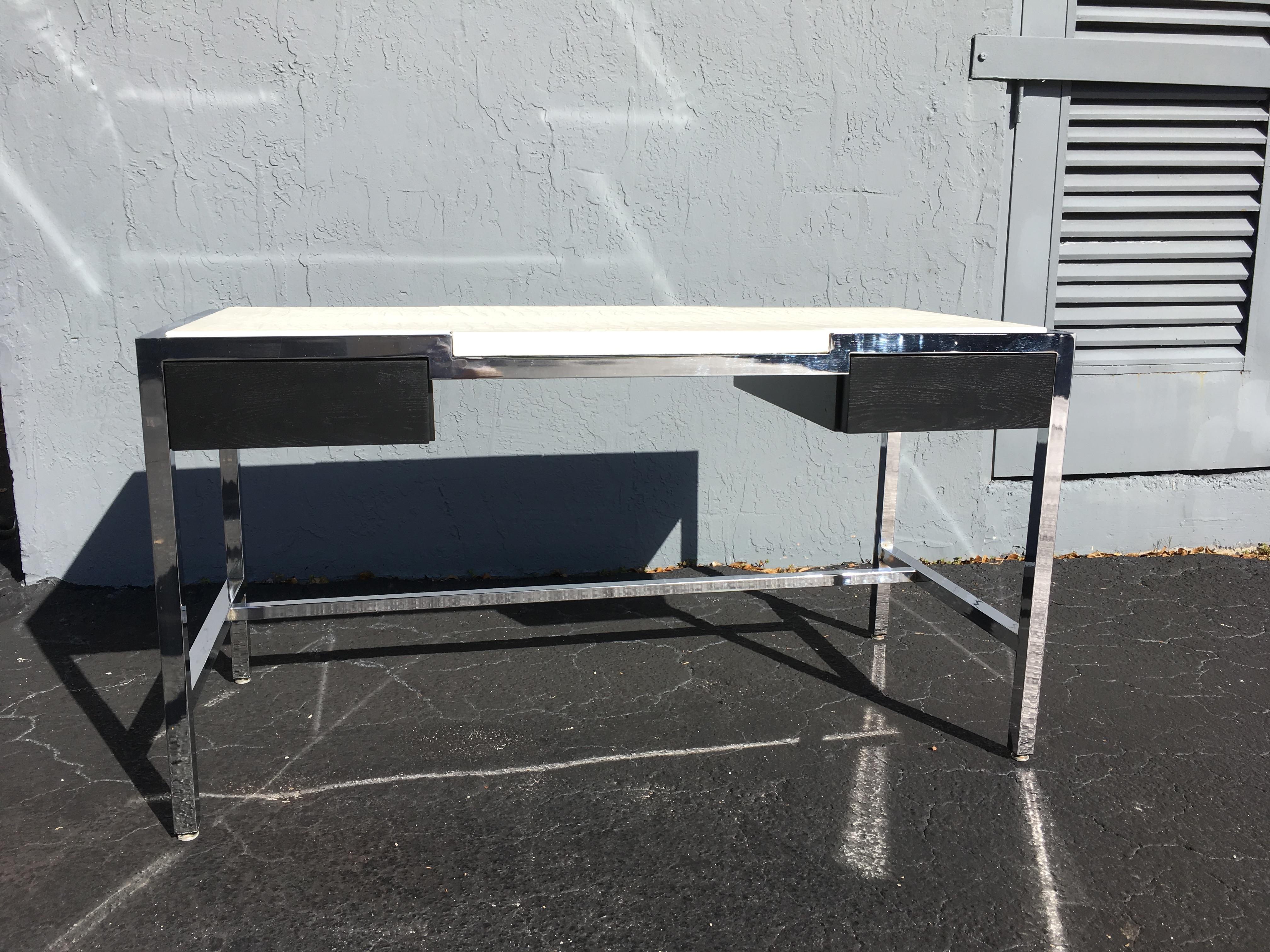 Midcentury Chrome Desk with Alligator Leather Top by Century 14