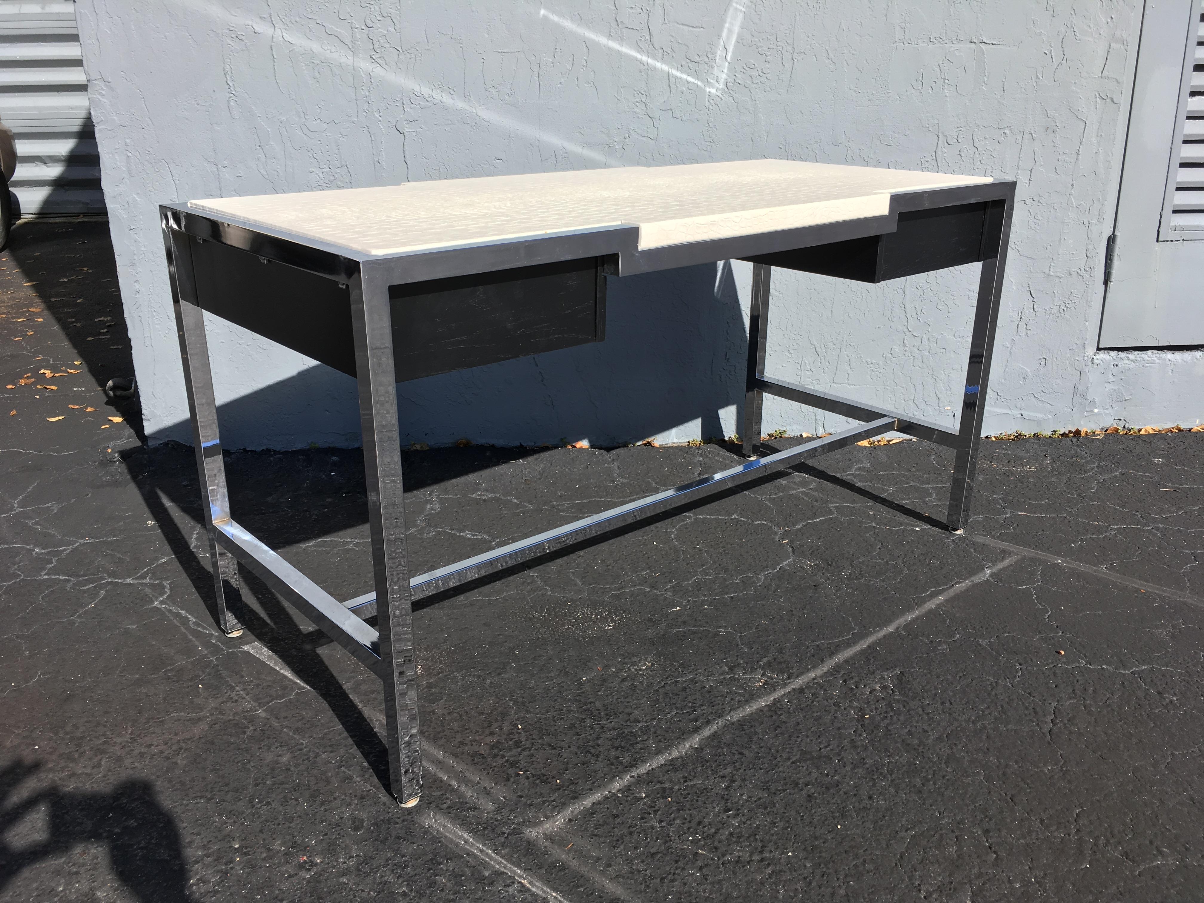 Midcentury Chrome Desk with Alligator Leather Top by Century In Good Condition In Miami, FL