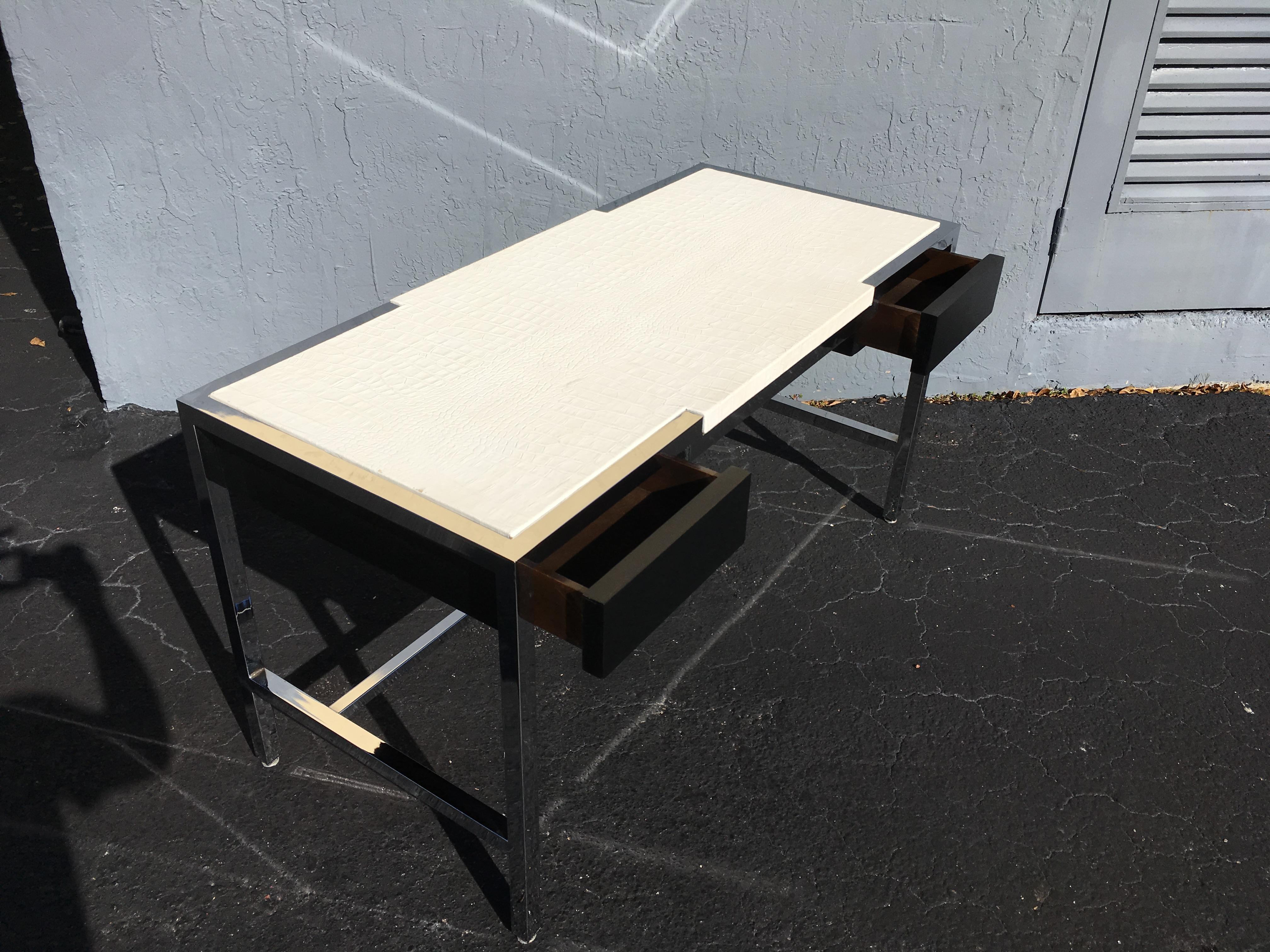 Late 20th Century Midcentury Chrome Desk with Alligator Leather Top by Century
