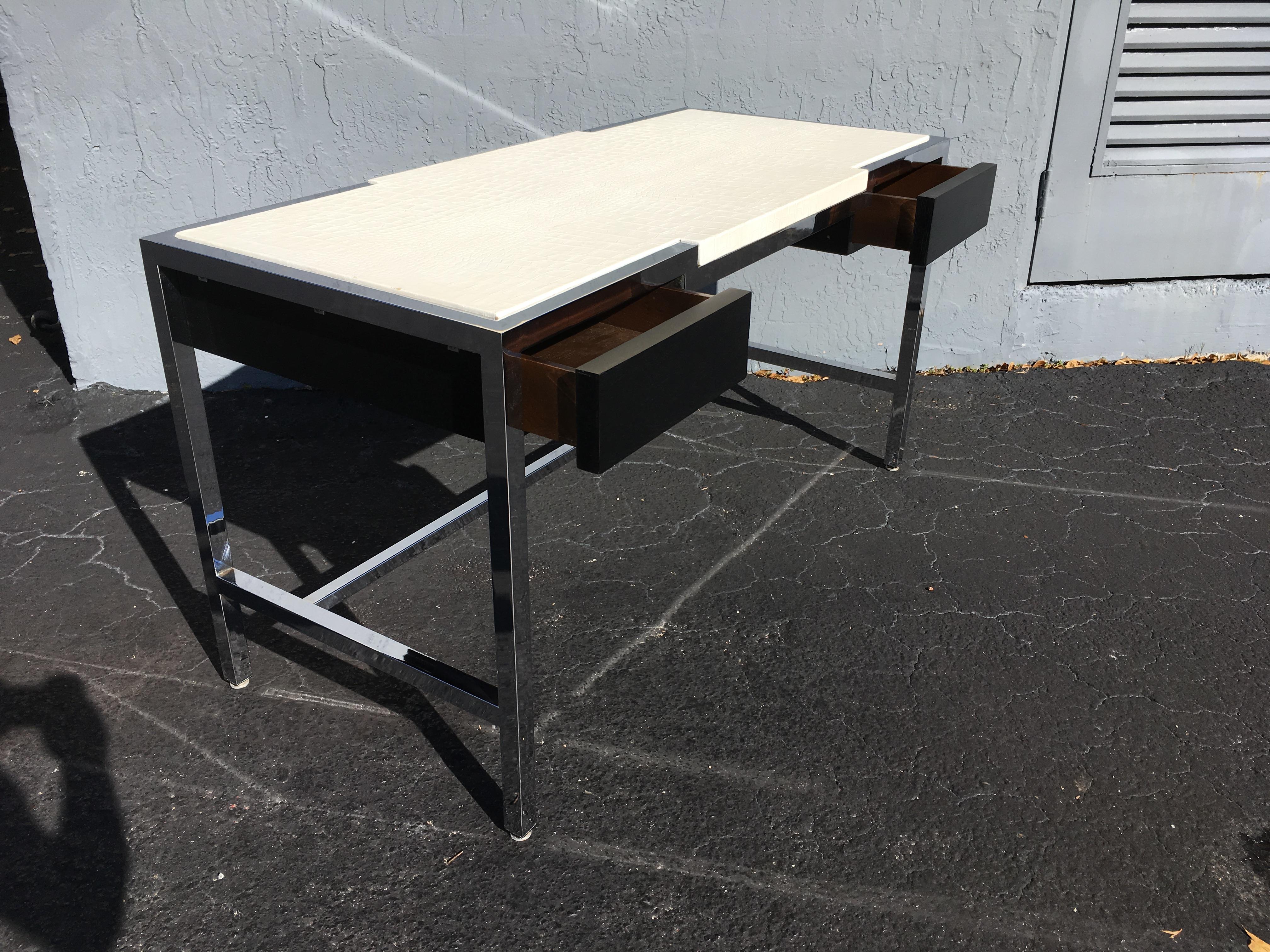 Midcentury Chrome Desk with Alligator Leather Top by Century 1