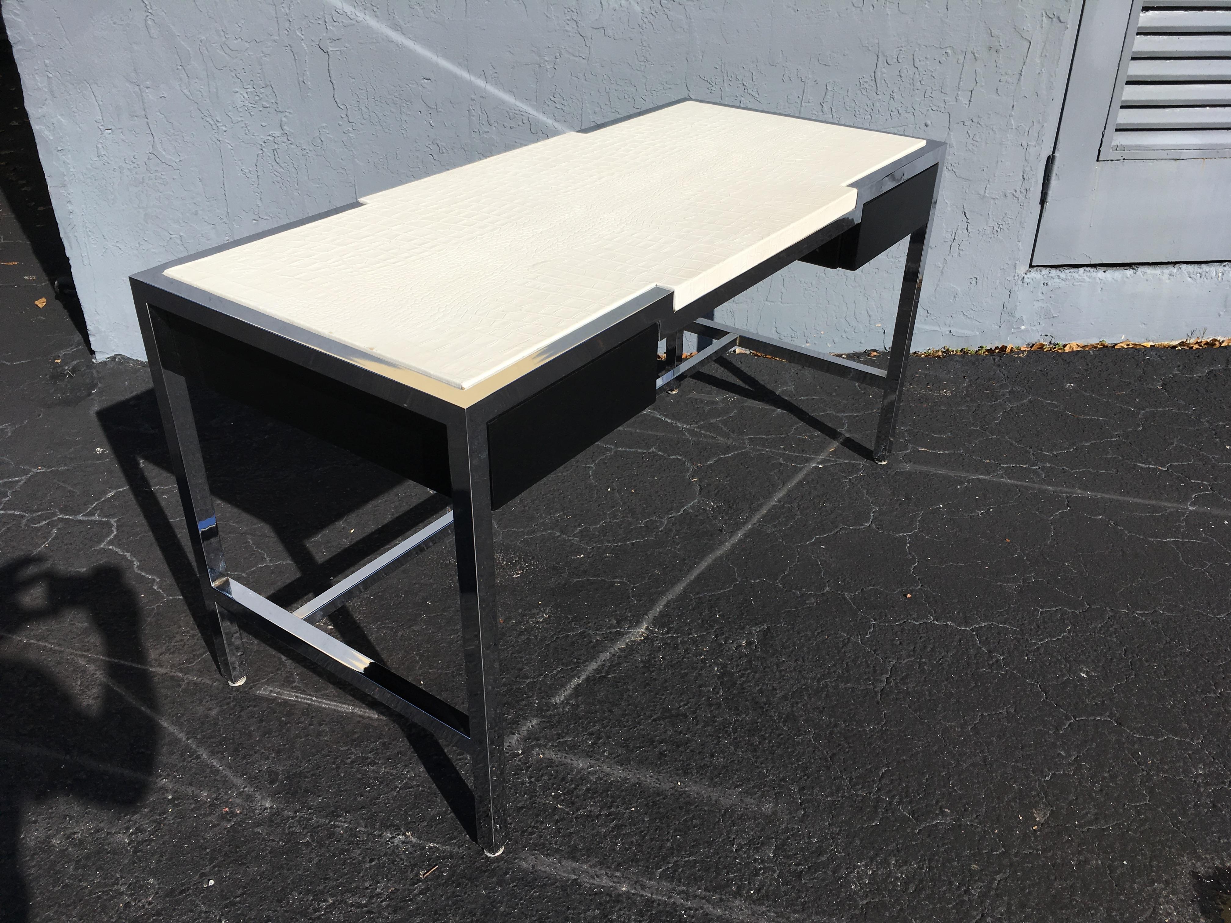 Midcentury Chrome Desk with Alligator Leather Top by Century 2