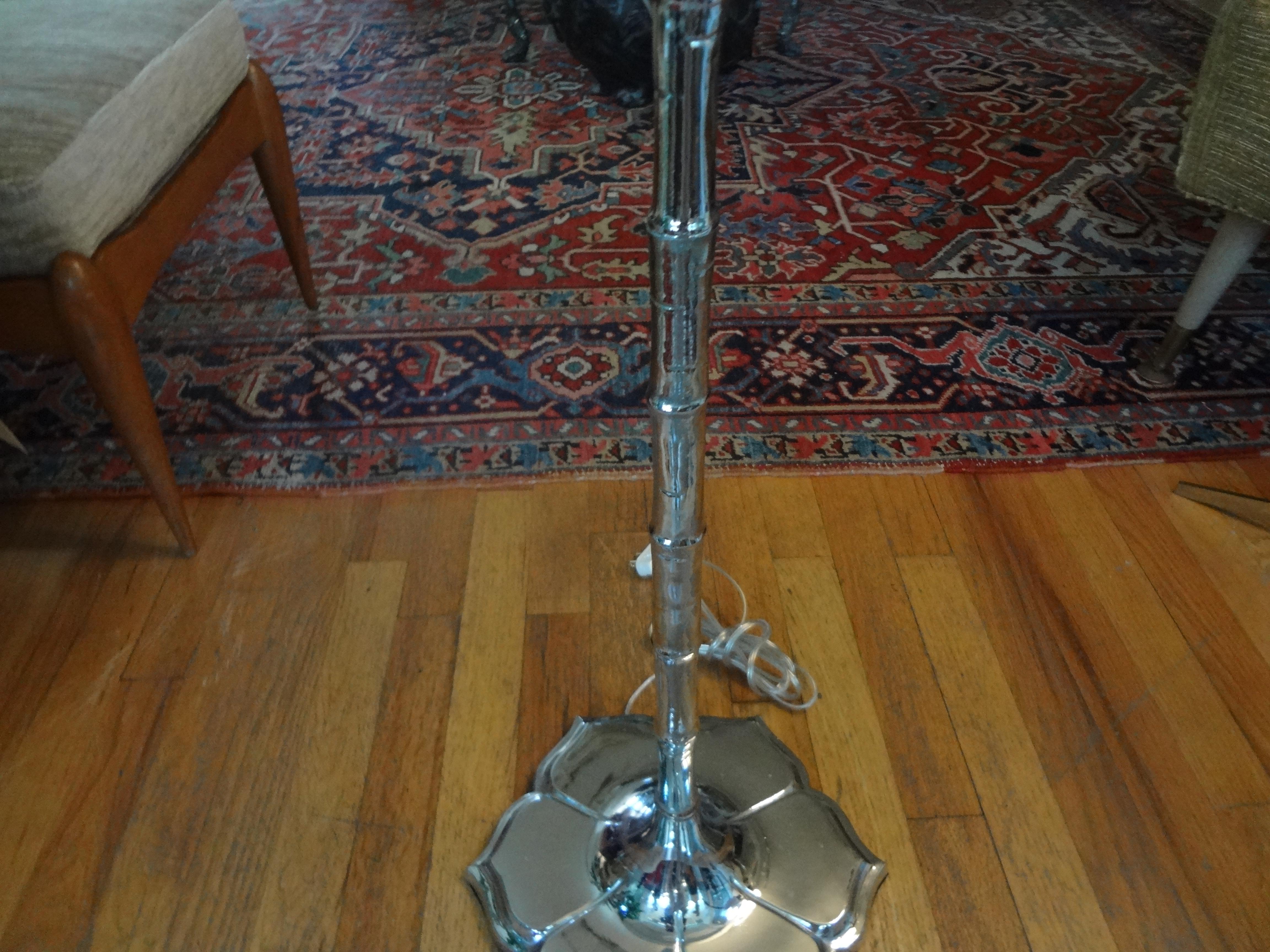 Midcentury Chrome Faux Bamboo Lotus Floor Lamp In Good Condition For Sale In Houston, TX