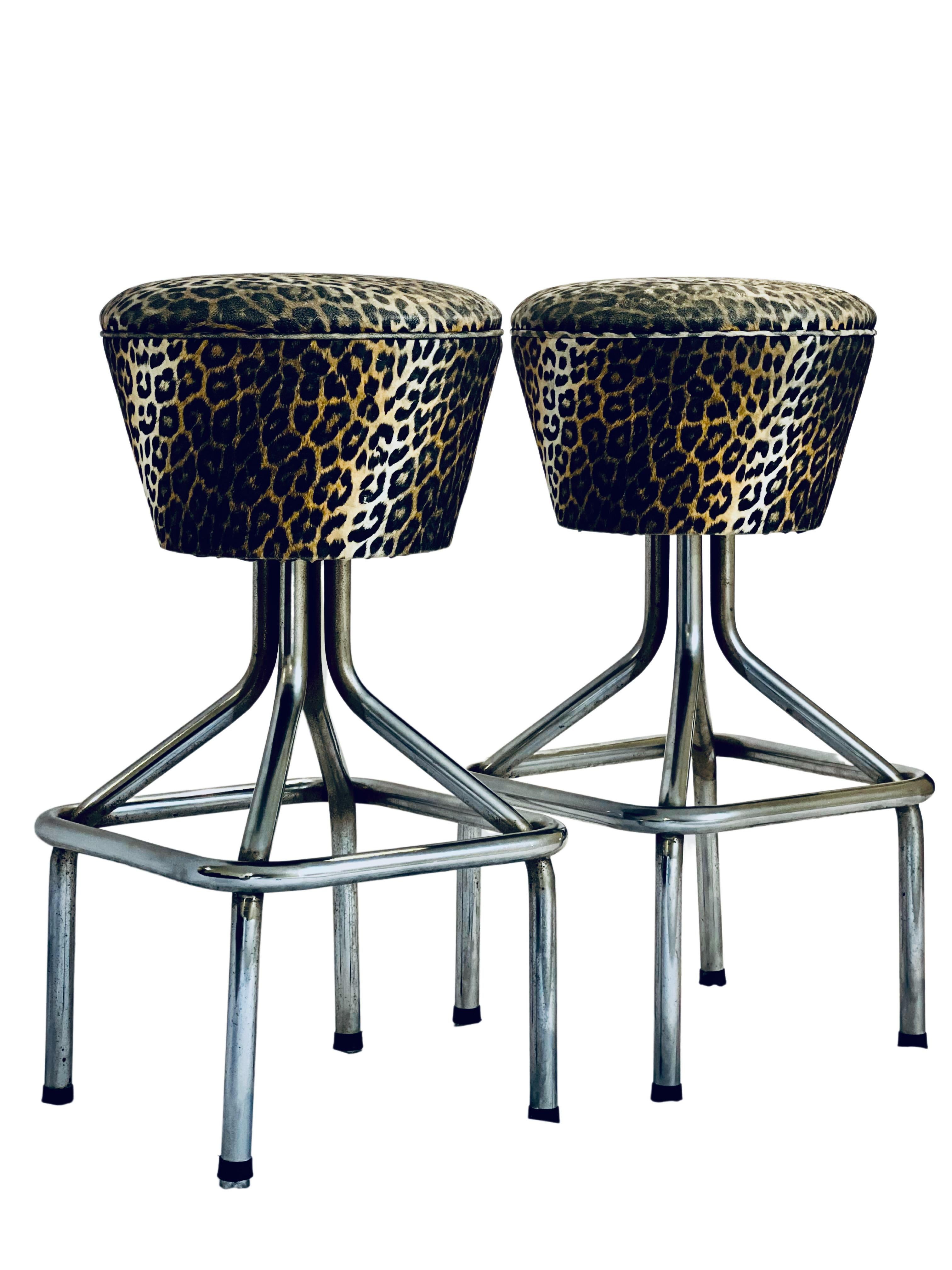 Unknown Mid Century Chrome Faux Leopard Swivel Bar Stools, a Pair For Sale