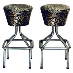 Mid Century Chrome Faux Leopard Swivel Bar Stools, a Pair