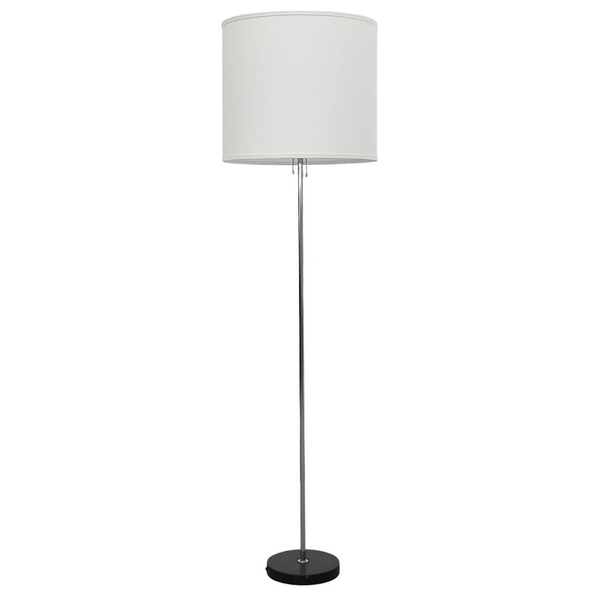 Lampada da terra cromata di metà secolo con base smaltata nera e paralume in lino &New