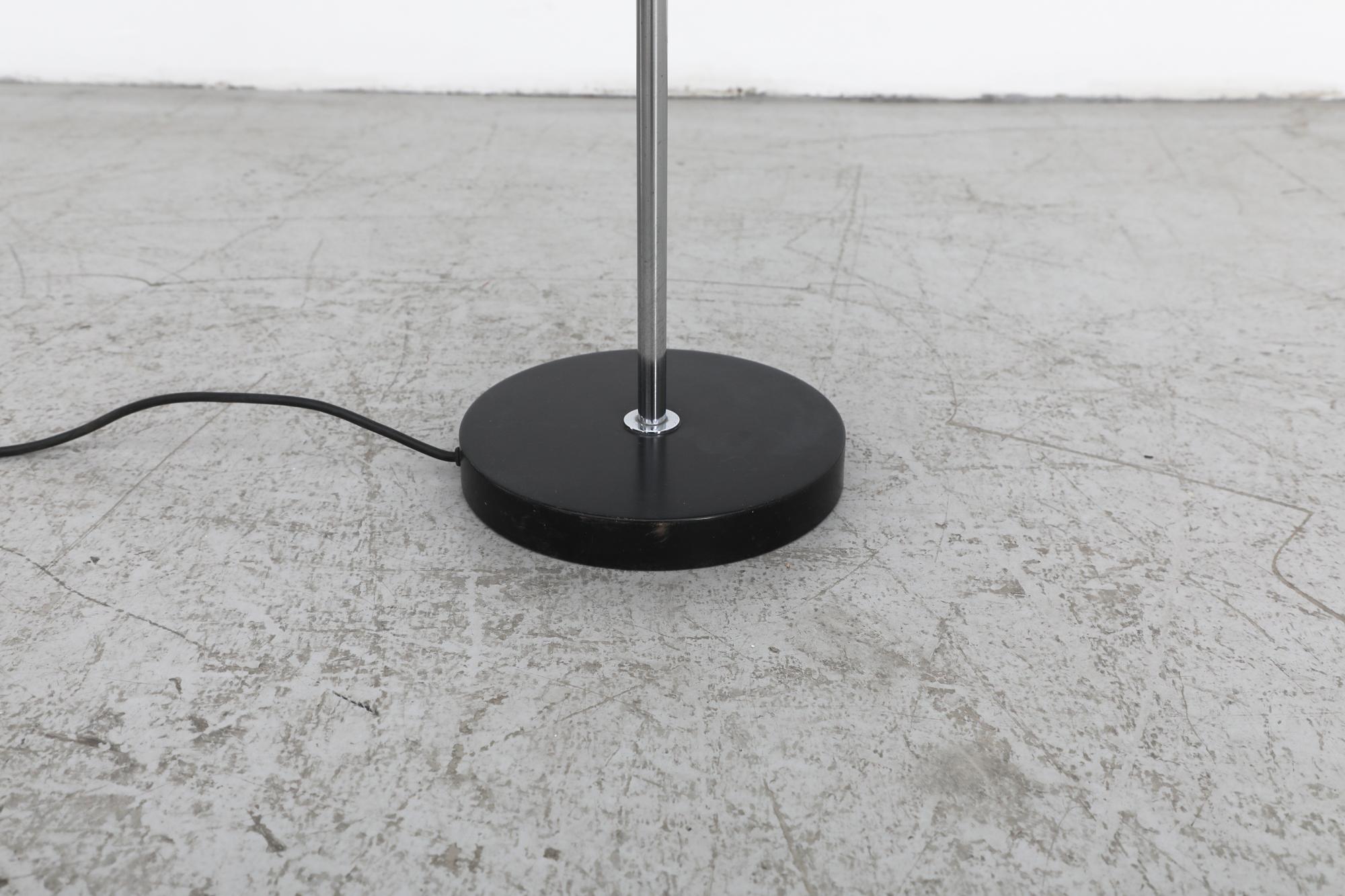 Metal Mid-Century Chrome Floor Lamp w/ Weighted Black Enameled Base & New Linen Shade For Sale