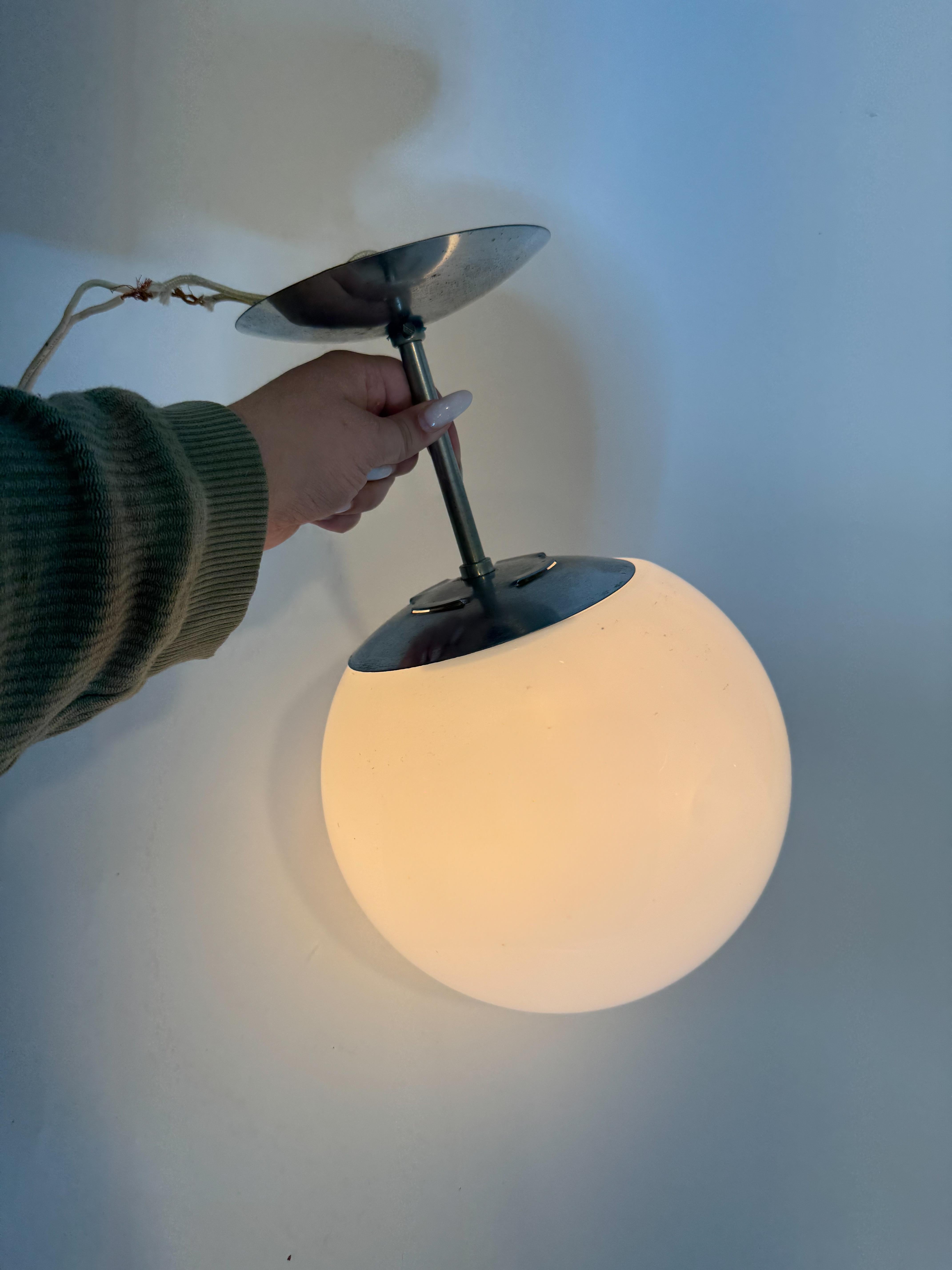 Mid-Century Chrome Flush-Mount Ceiling Light with Opaline Globe 1960s For Sale 3