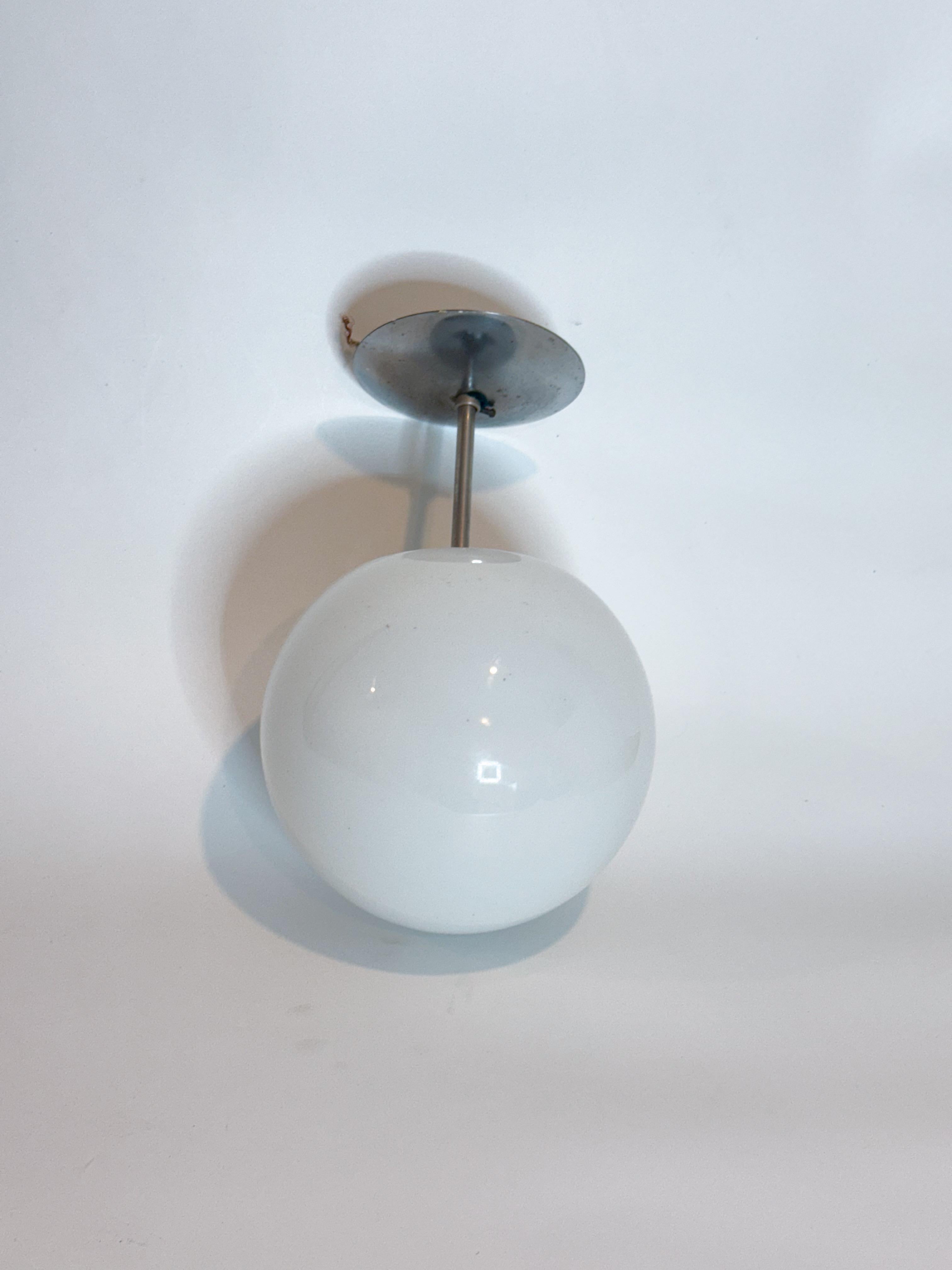 American Mid-Century Chrome Flush-Mount Ceiling Light with Opaline Globe 1960s For Sale
