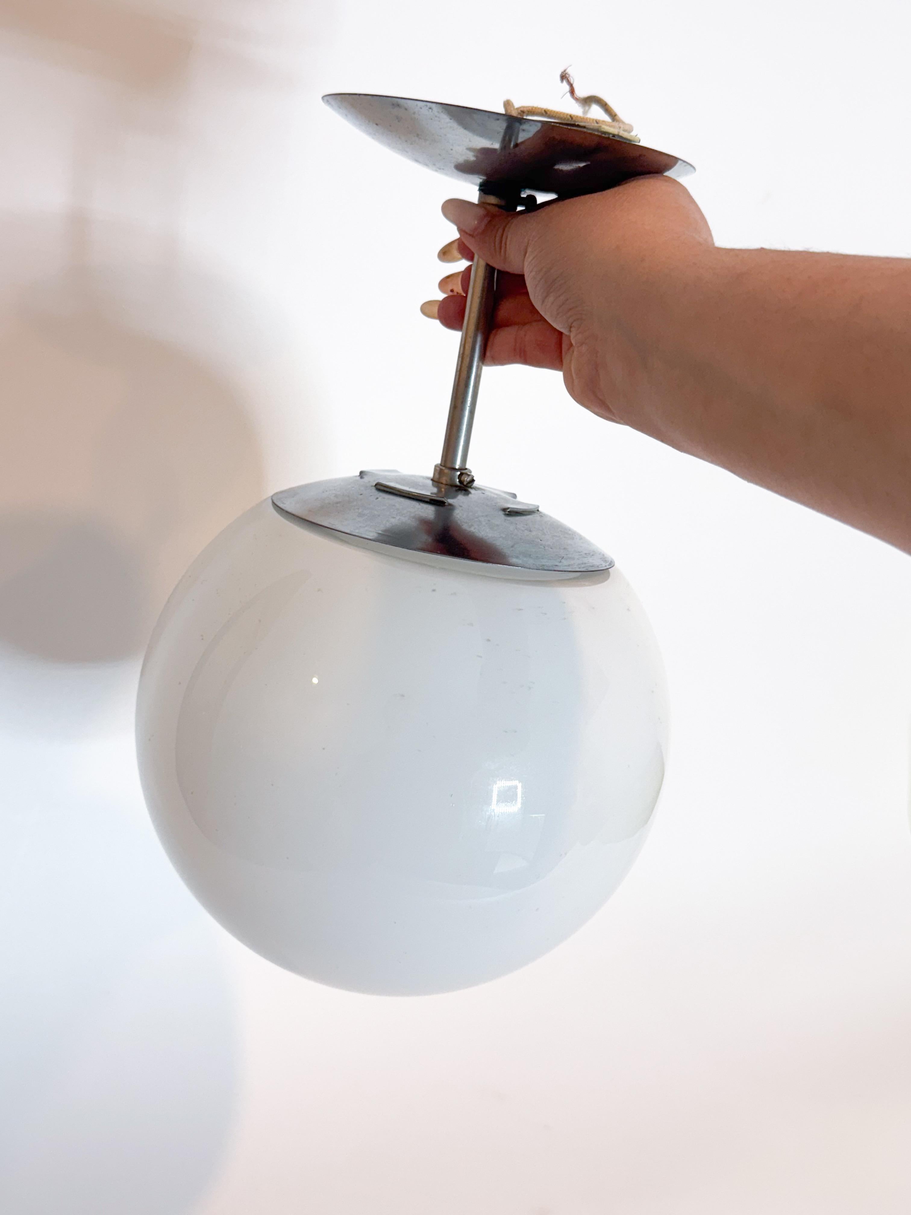 20th Century Mid-Century Chrome Flush-Mount Ceiling Light with Opaline Globe 1960s For Sale