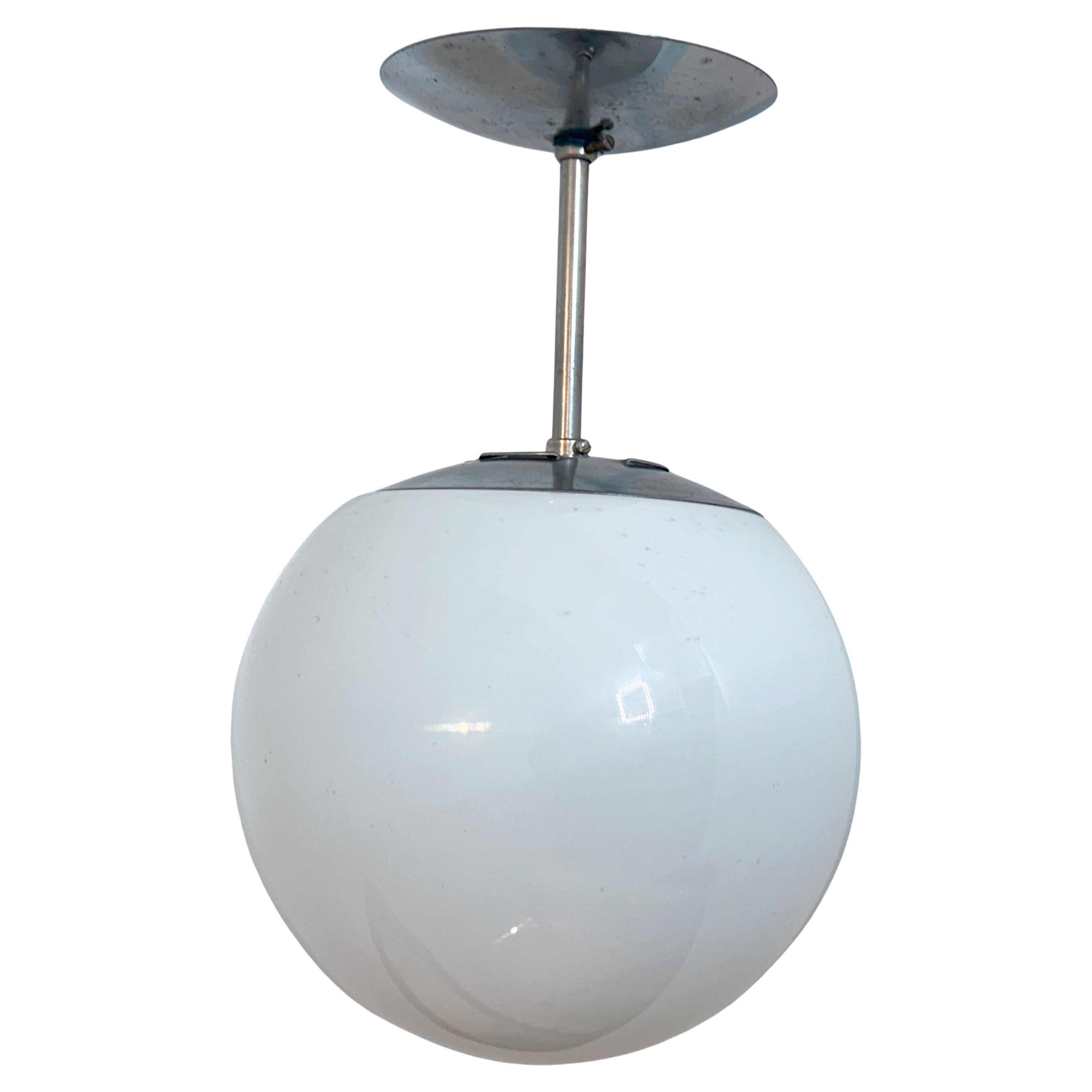 Mid-Century Chrome Flush-Mount Ceiling Light with Opaline Globe 1960s For Sale