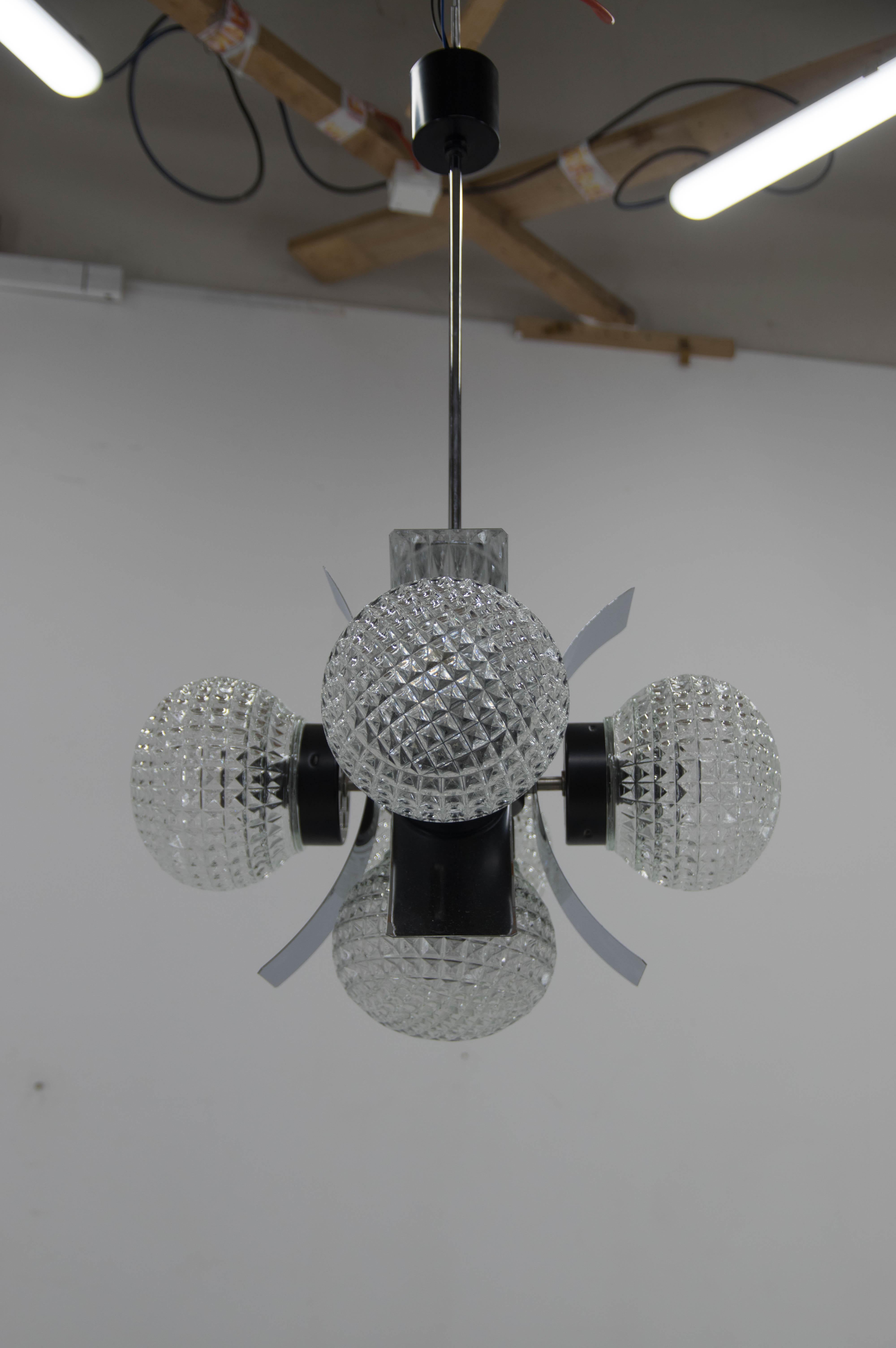 Mid-Century Chrome & Glass Chandelier, Czechoslovakia, 1970s For Sale 3