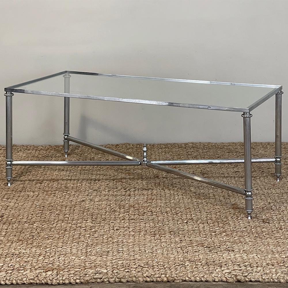 Neoclassical Revival Mid-Century Chrome & Glass Coffee Table For Sale