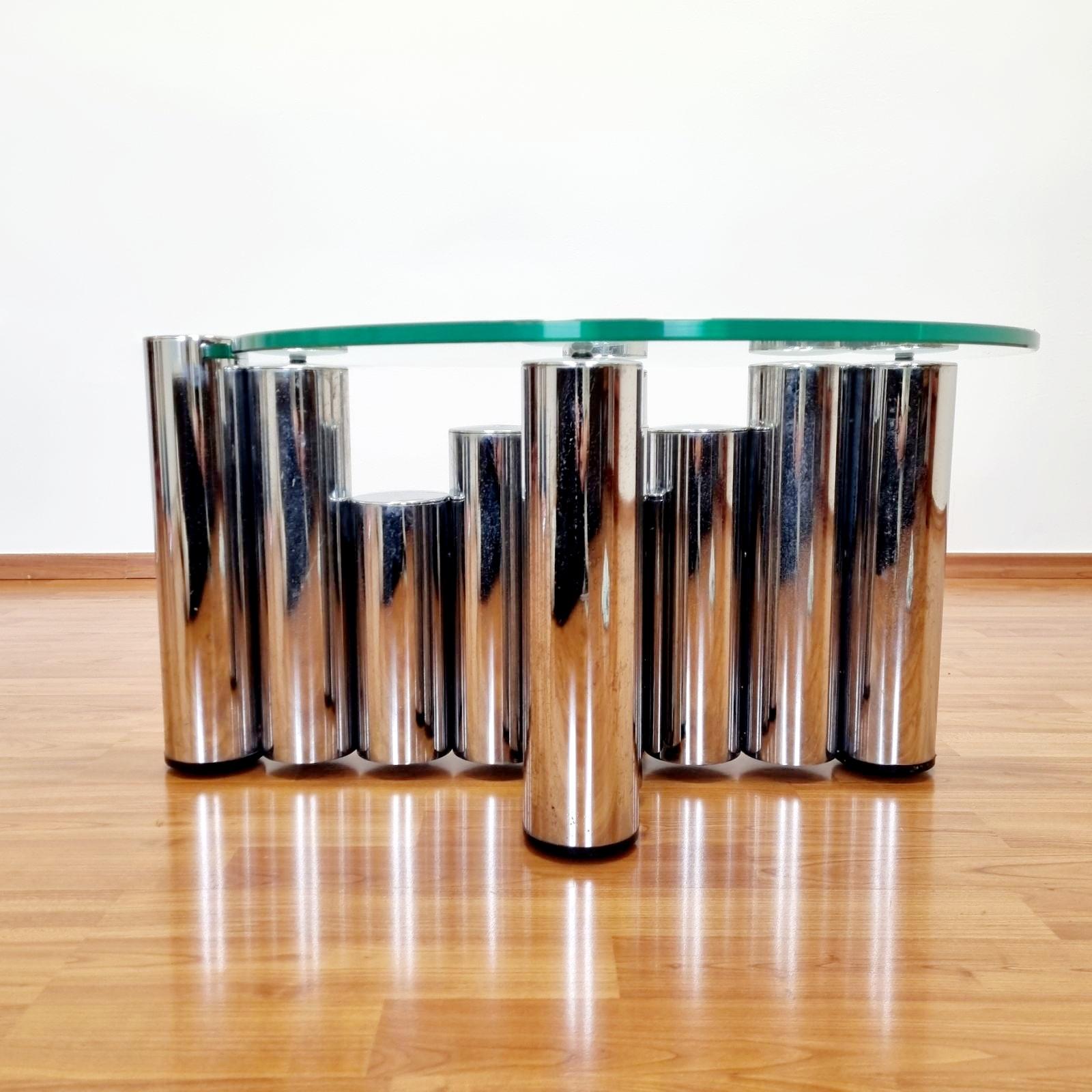 Mid-Century Modern Mid Century Chrome Glass Sculpture Coffee Table, Marco Zanuso Style, Italy 70s For Sale