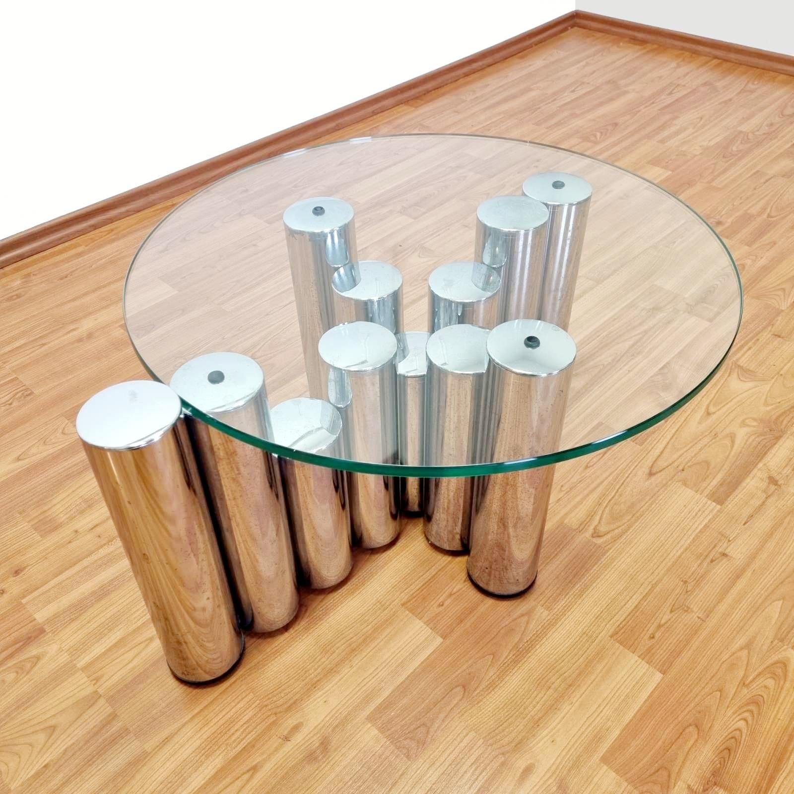 Mid Century Chrome Glass Sculpture Coffee Table, Marco Zanuso Style, Italy 70s In Excellent Condition For Sale In Lucija, SI
