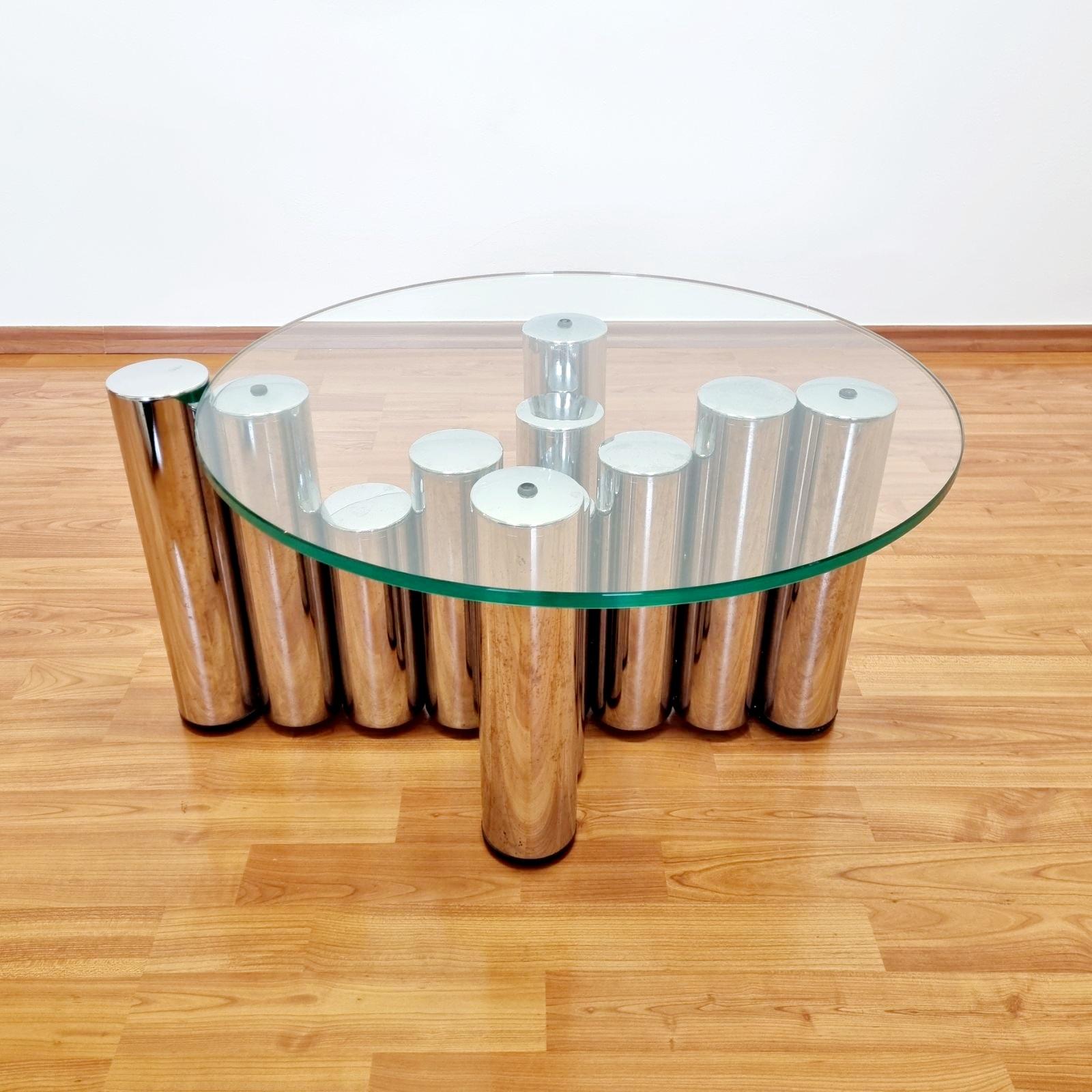 Metal Mid Century Chrome Glass Sculpture Coffee Table, Marco Zanuso Style, Italy 70s For Sale