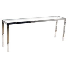 Table de canapé en chrome et verre du milieu du siècle dans le style de Milo Baughman