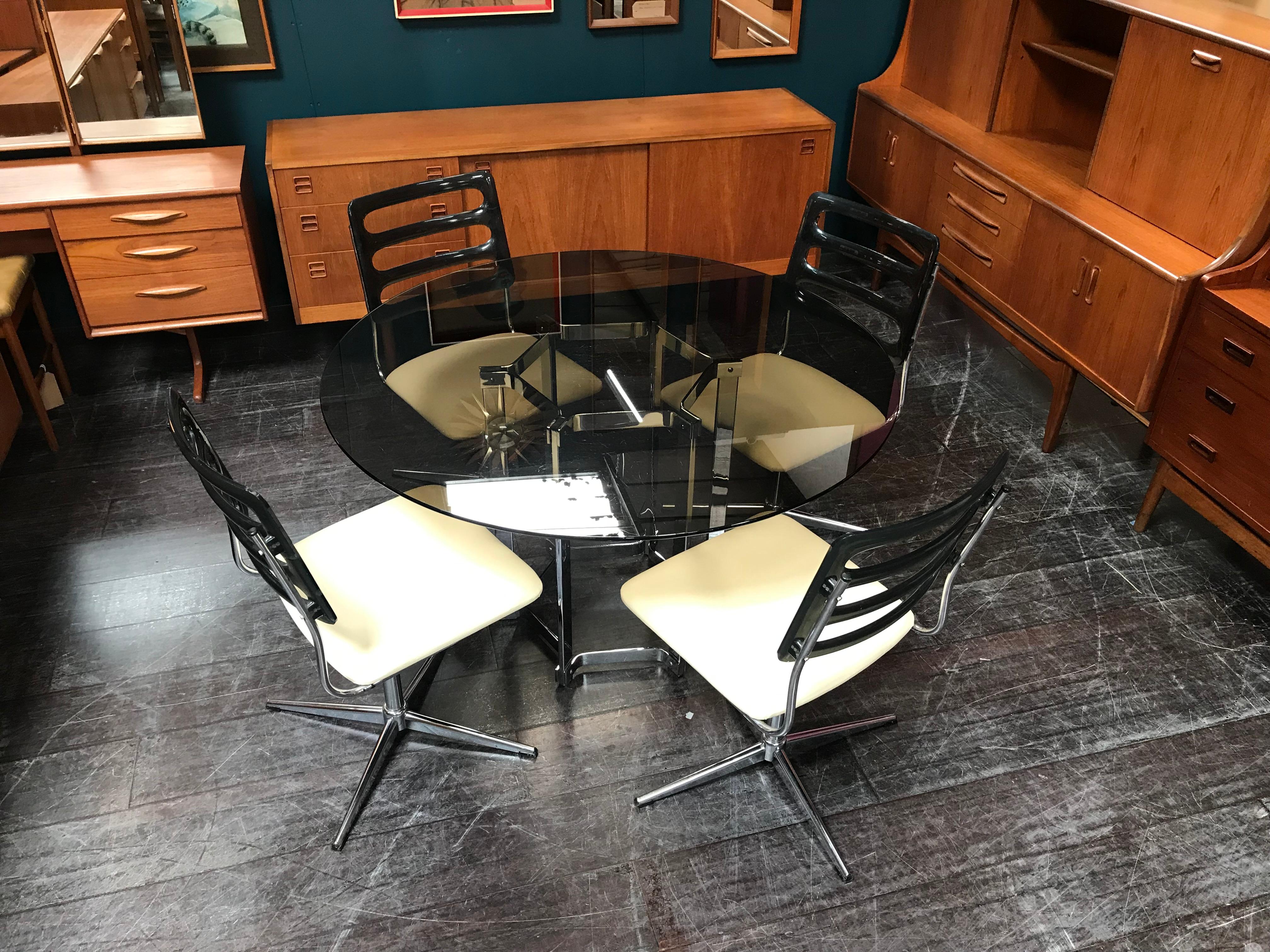 English Mid Century Chrome & Glass Table by Richard Young for Merrow with 4 Chairs For Sale