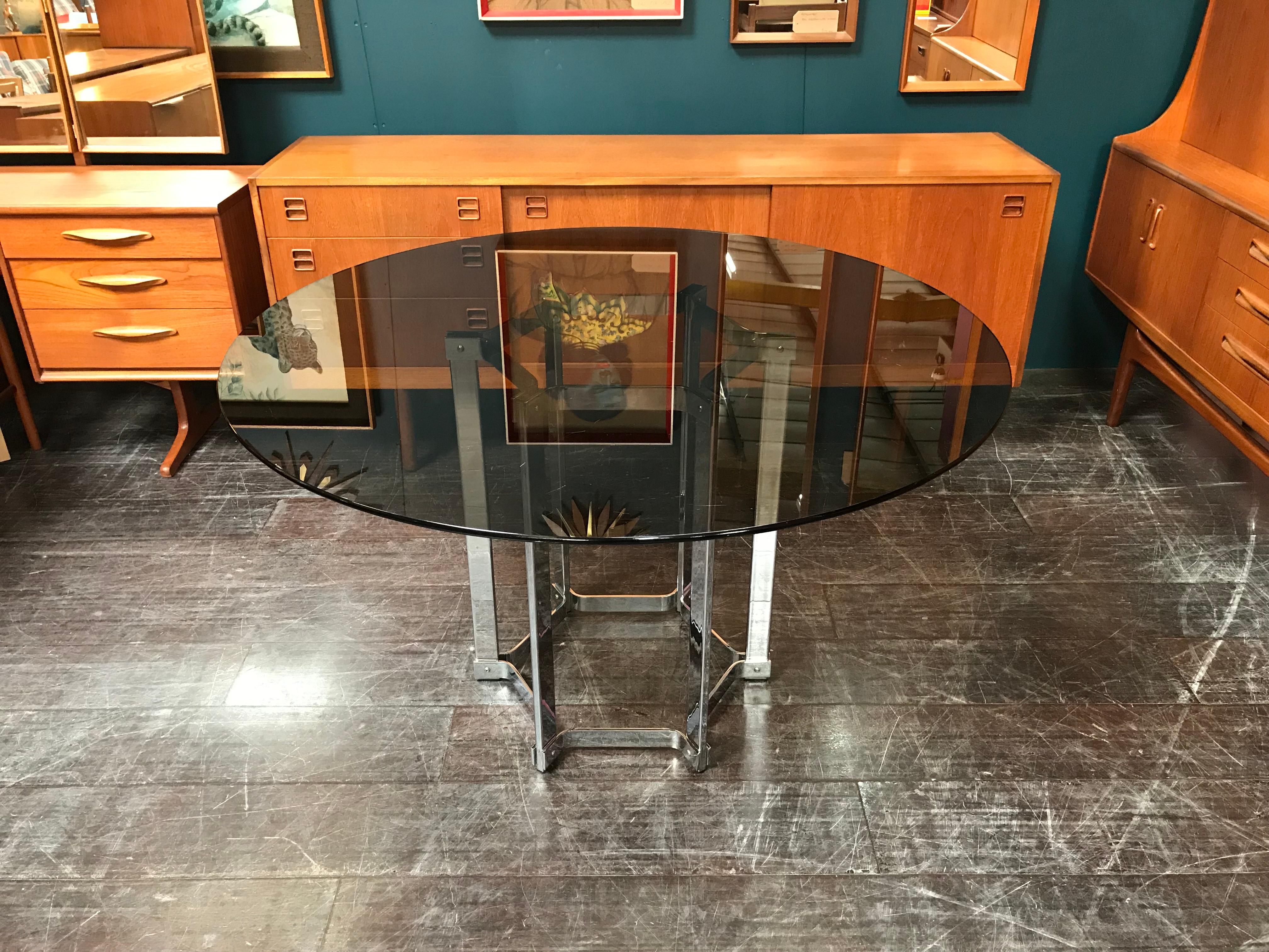Smoked Glass Mid Century Chrome & Glass Table by Richard Young for Merrow with 4 Chairs For Sale