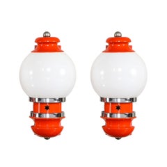 Apliques Pórtico de Cromo y Vidrio Esmaltado Bermellón de Mediados de Siglo con Recortes de Estrella