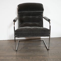 Midcentury Chrome and Graphite Mohair Button Back Lounge Chairs by Carsons