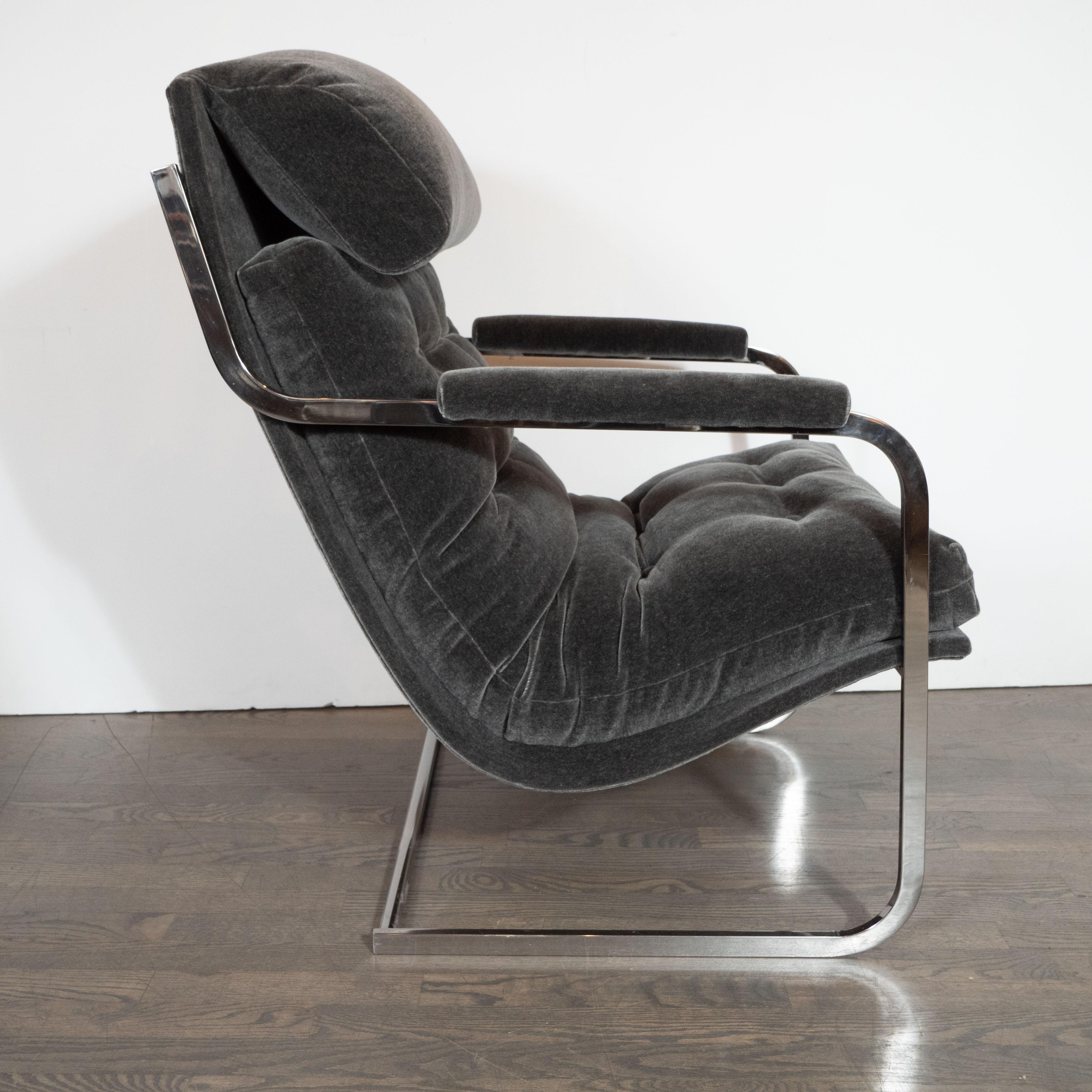 Mid-Century Modern Midcentury Chrome and Graphite Mohair Button Back Lounge Chairs by Carsons