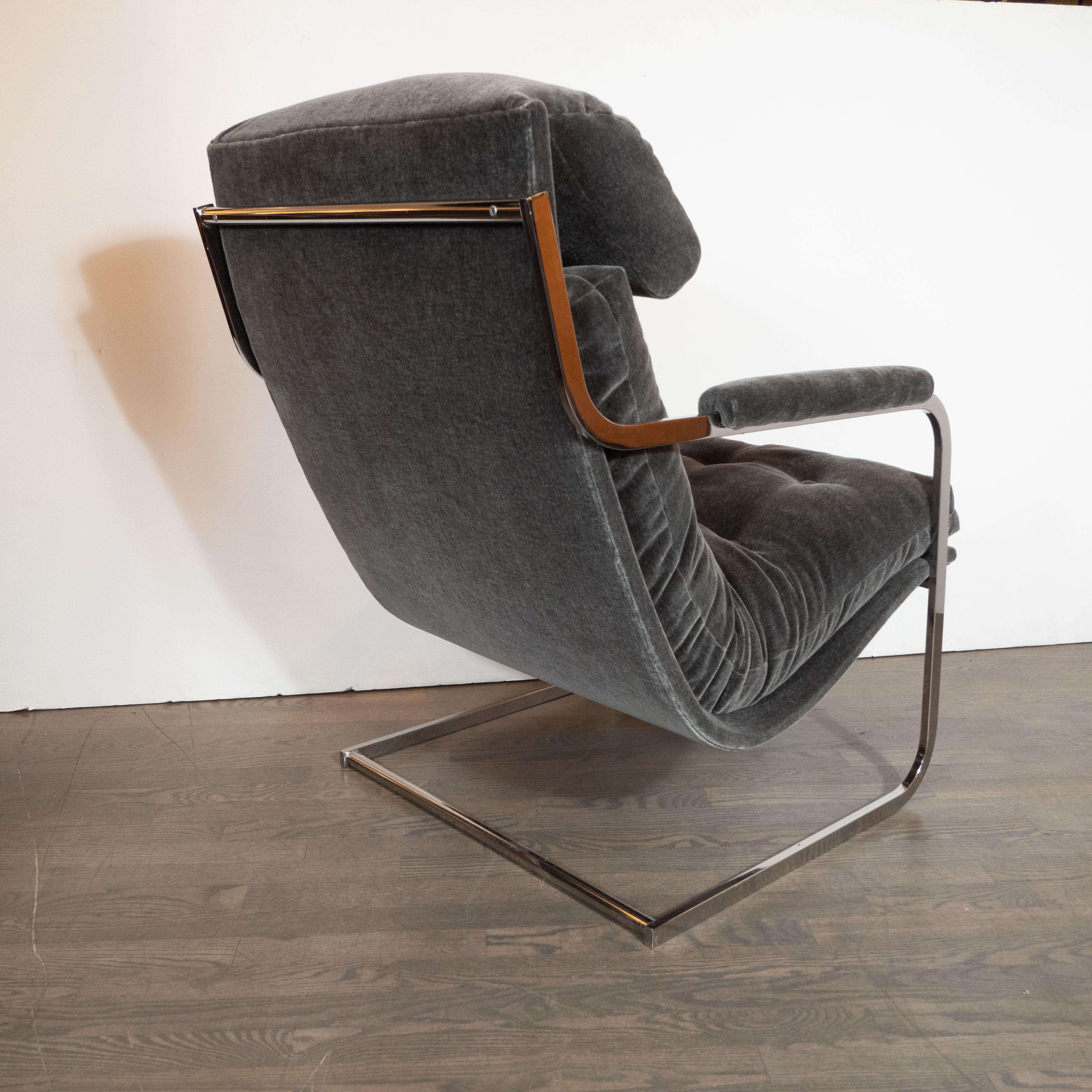 American Midcentury Chrome and Graphite Mohair Button Back Lounge Chairs by Carsons