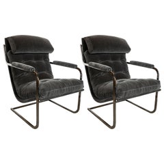 Midcentury Chrome and Graphite Mohair Button Back Lounge Chairs by Carsons