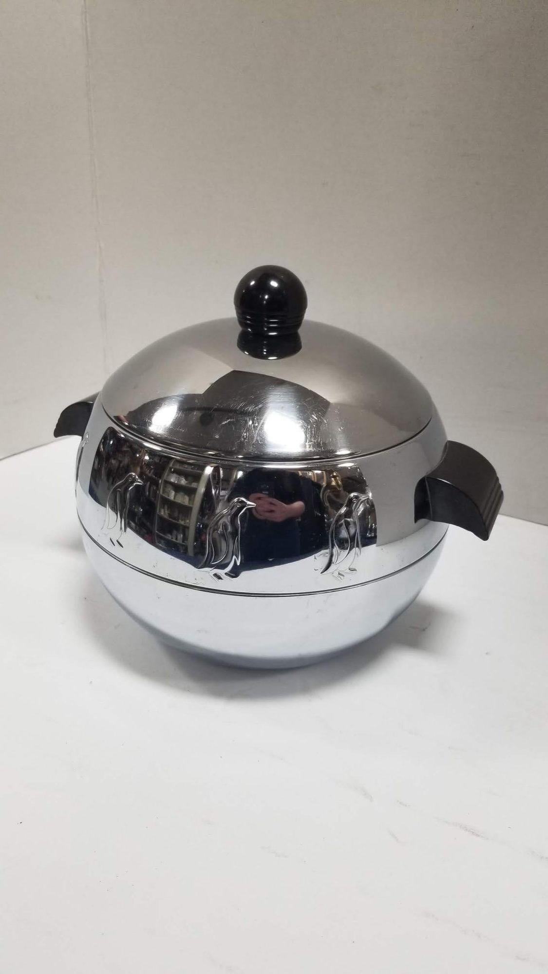 20th Century Mid Century Chrome Ice Bucket featuring Penguins