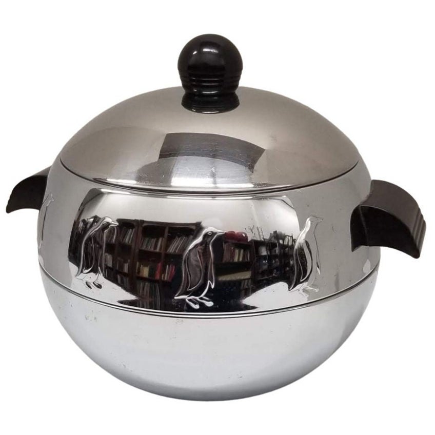 Mid Century Chrome Ice Bucket featuring Penguins