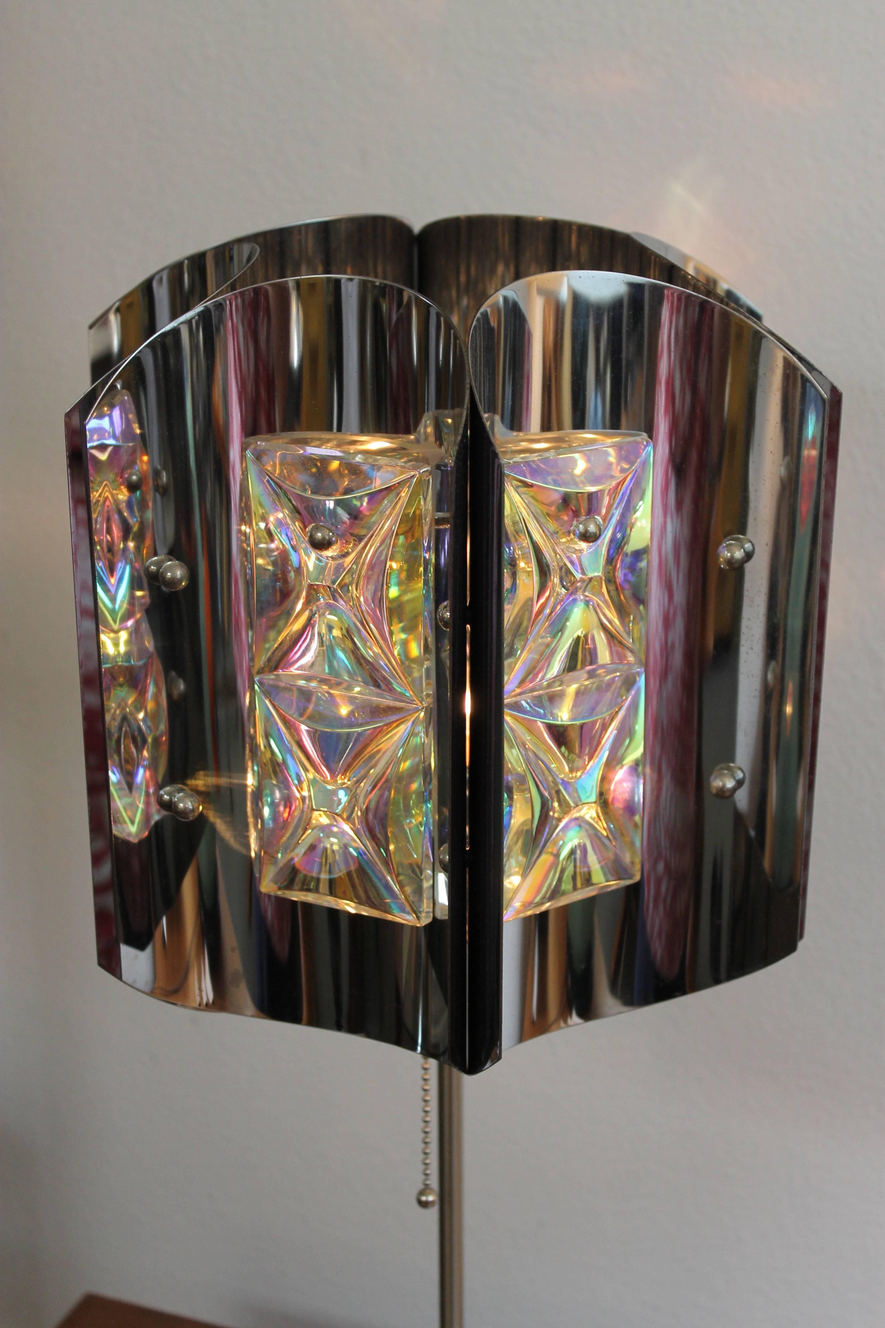 American Midcentury Chrome Lamp with Iridescent Crystals For Sale