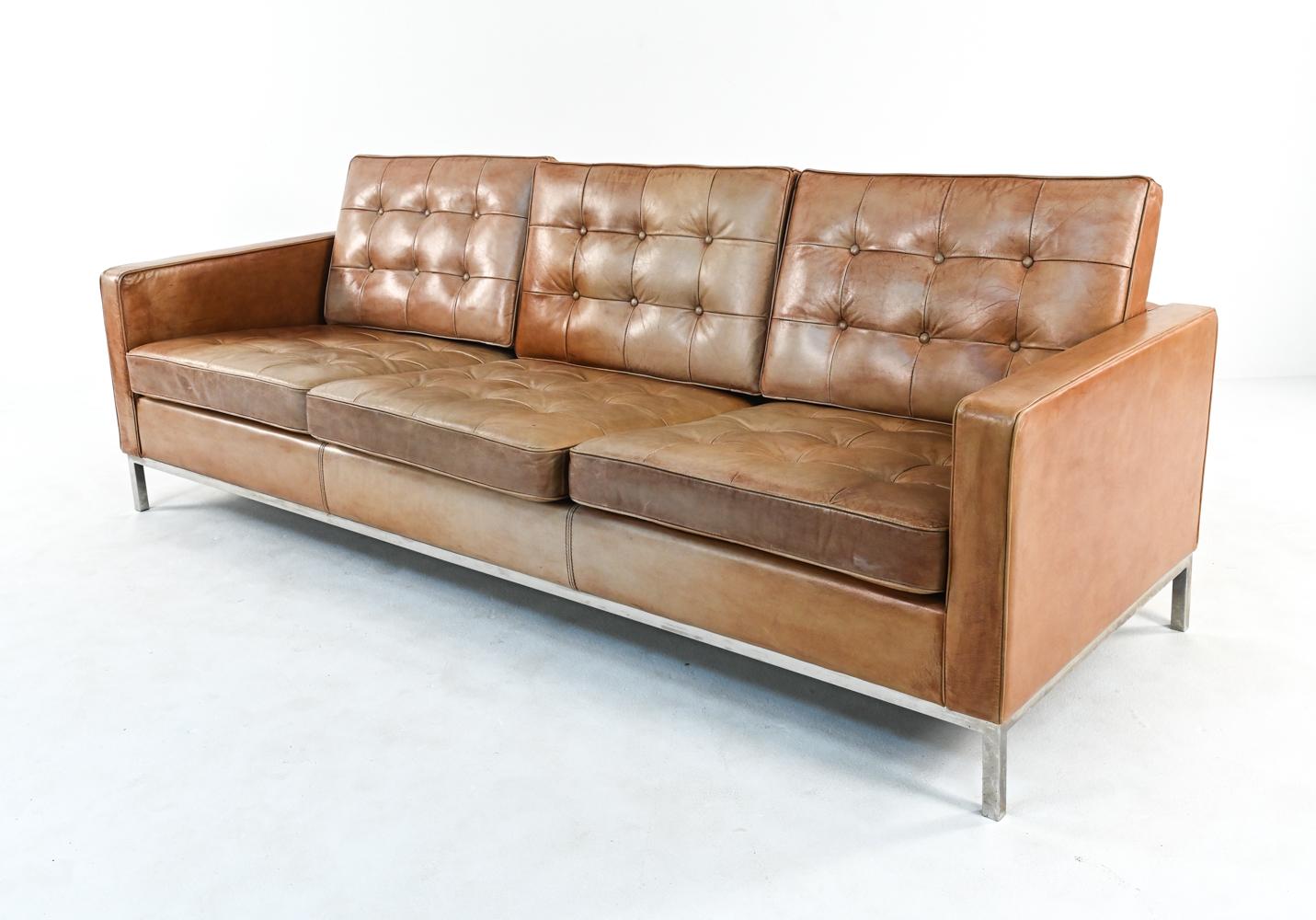 Mid-Century Modern Mid-Century Chrome & Leather Sofa in the Manner of Florence Knoll