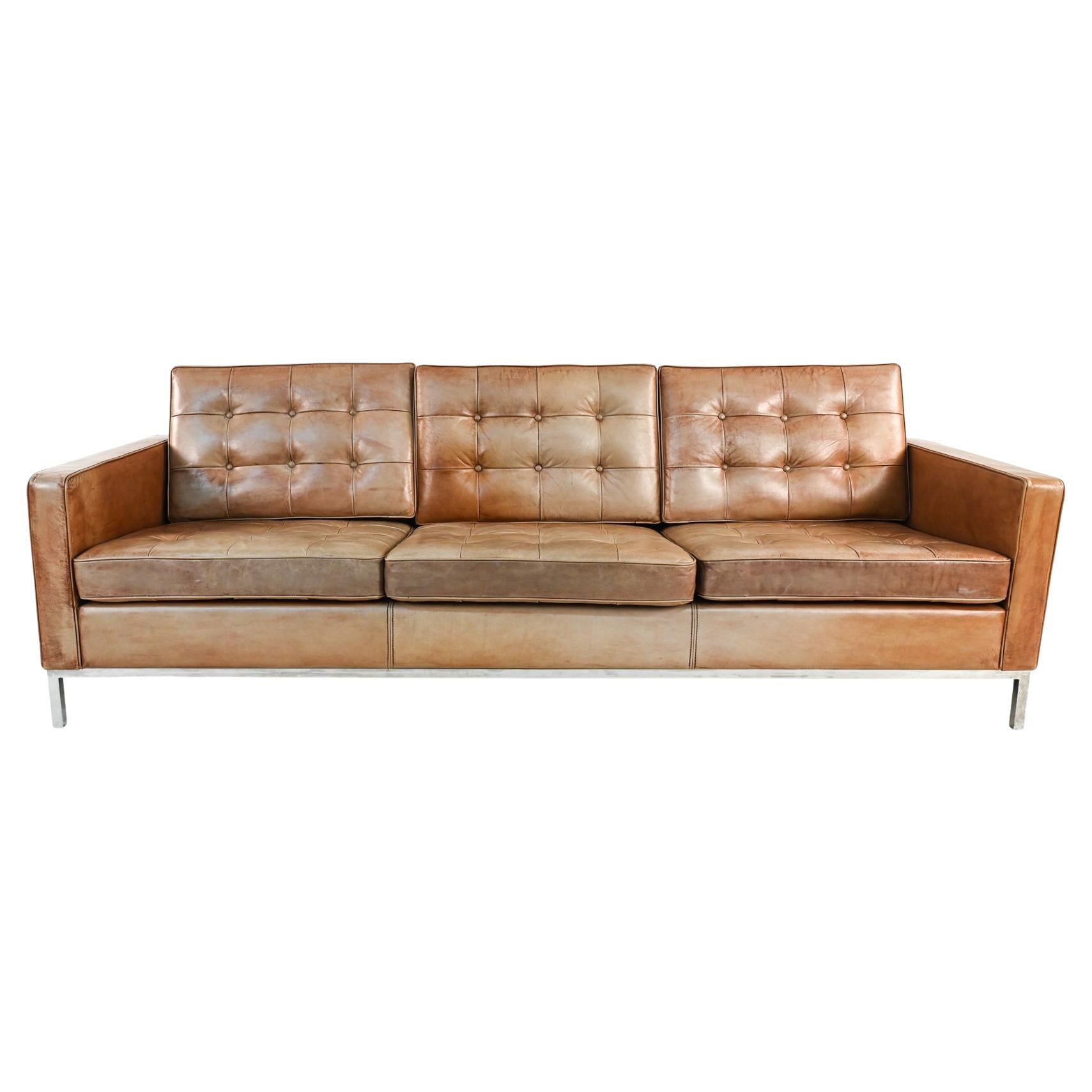 Mid-Century Chrome & Leather Sofa in the Manner of Florence Knoll