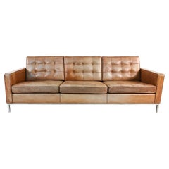 Mid-Century Chrome & Leather Sofa in the Manner of Florence Knoll