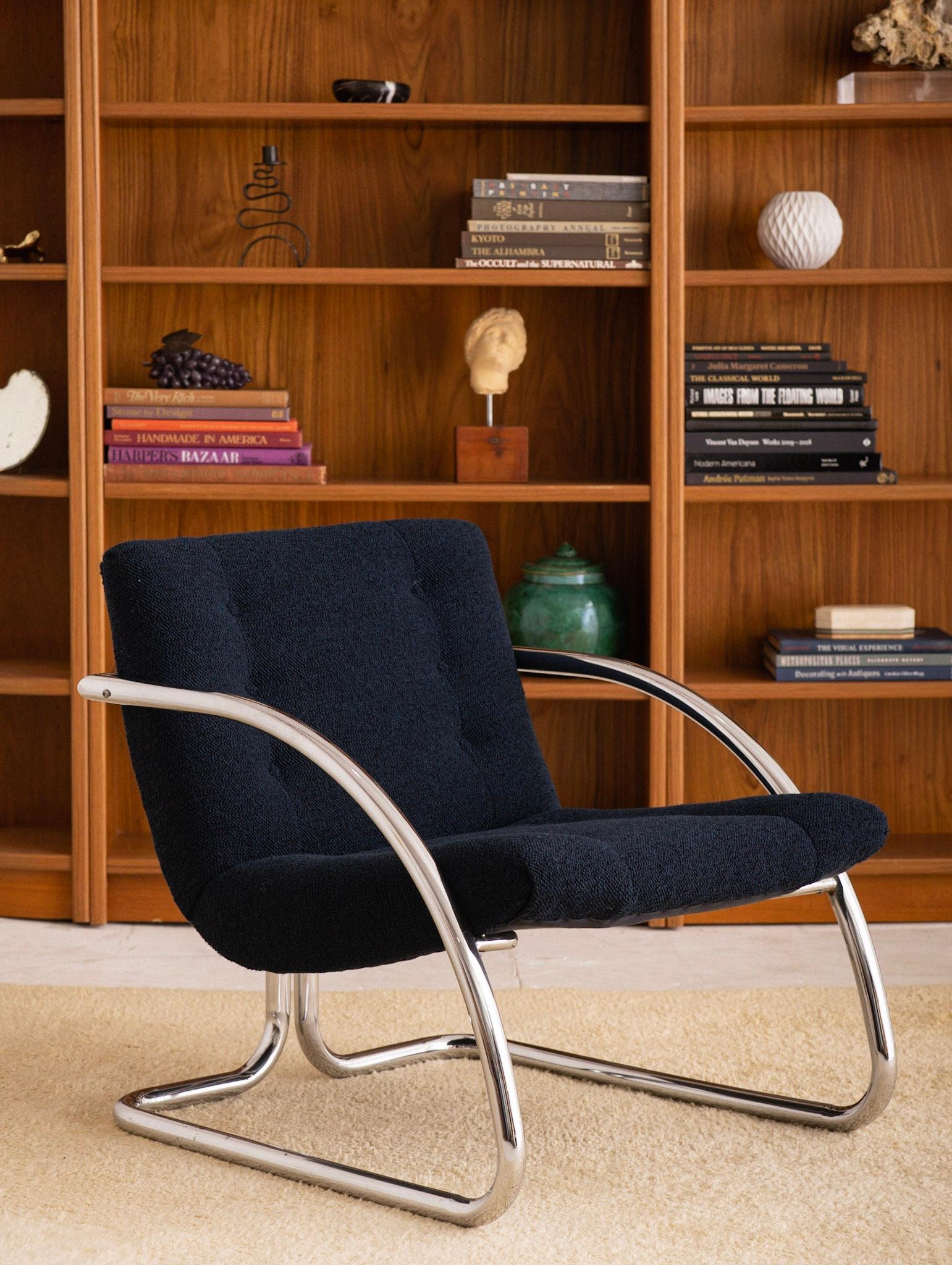 Mid Century Chrome Lounge Chair With Navy Wool Upholstery by Impact 2000 9