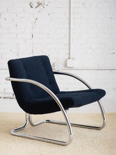 Mid Century Chrome Lounge Chair With Navy Wool Upholstery by Impact 2000