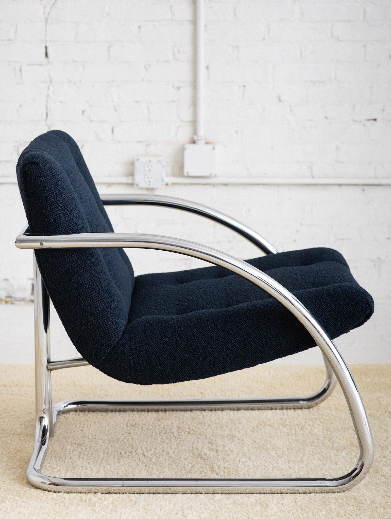 Space Age Mid Century Chrome Lounge Chair With Navy Wool Upholstery by Impact 2000