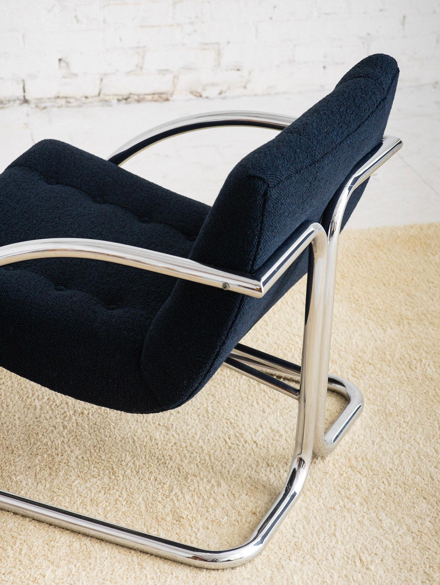 Late 20th Century Mid Century Chrome Lounge Chair With Navy Wool Upholstery by Impact 2000