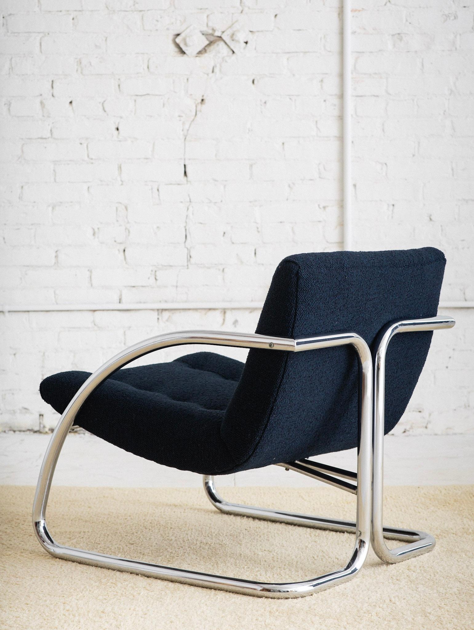 Mid Century Chrome Lounge Chair With Navy Wool Upholstery by Impact 2000 1