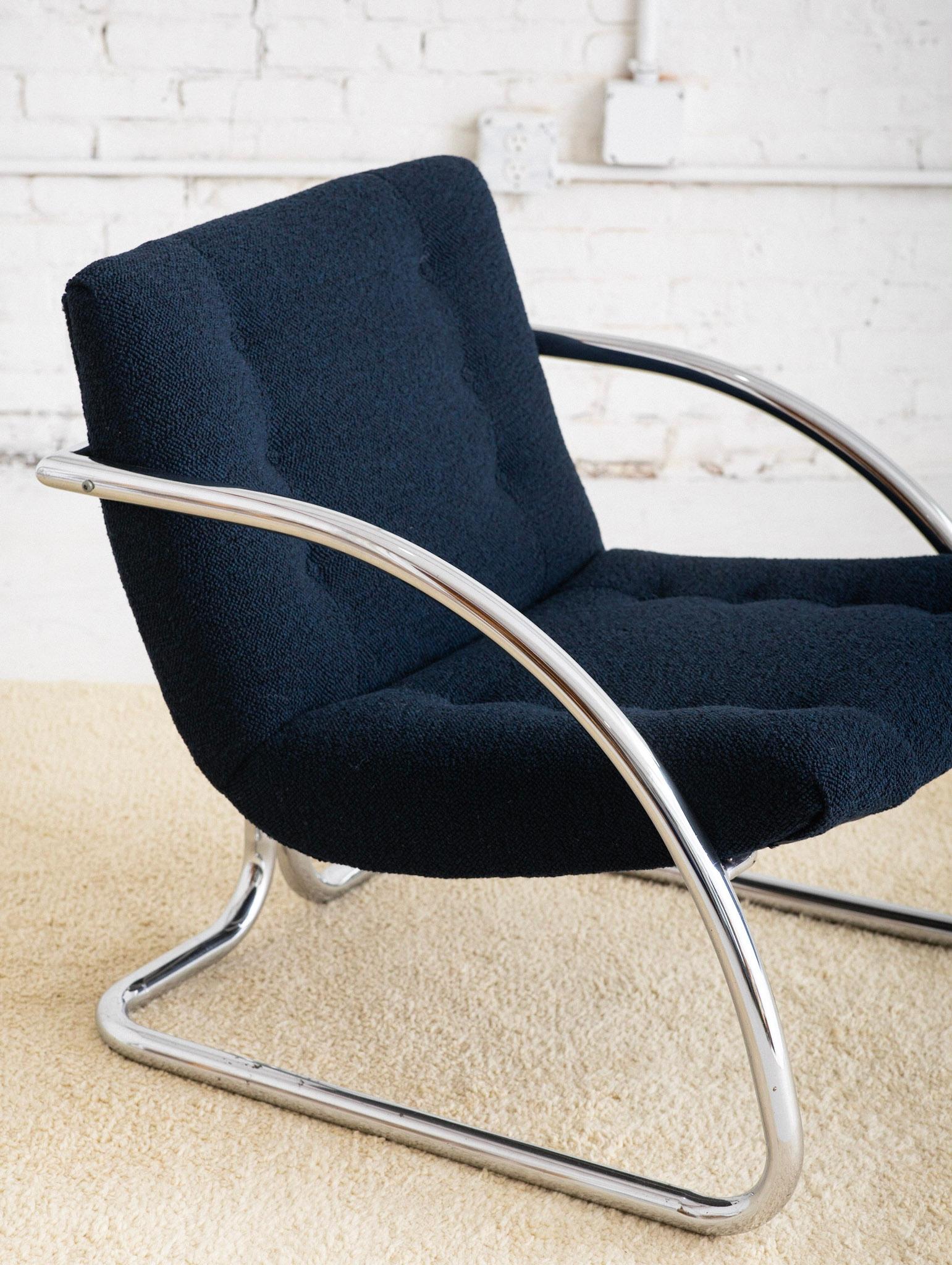 Mid Century Chrome Lounge Chair With Navy Wool Upholstery by Impact 2000 2