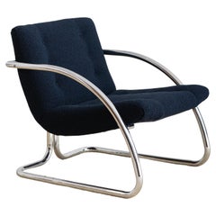 Mid Century Chrome Lounge Chair With Navy Wool Upholstery by Impact 2000