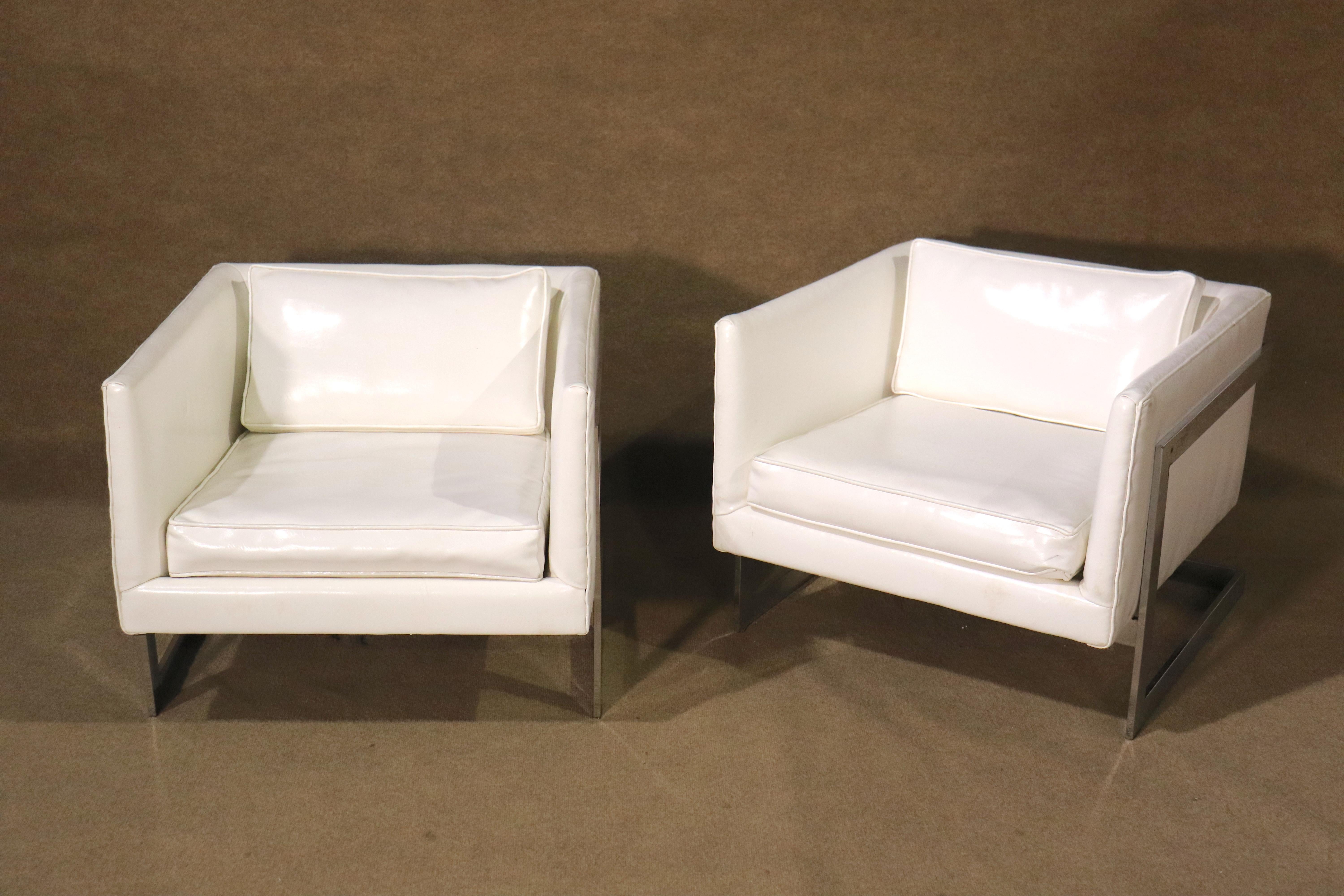 Pair of mid-century modern style lounge chairs with flat chrome frames. Inspired by Milo Baughman's 