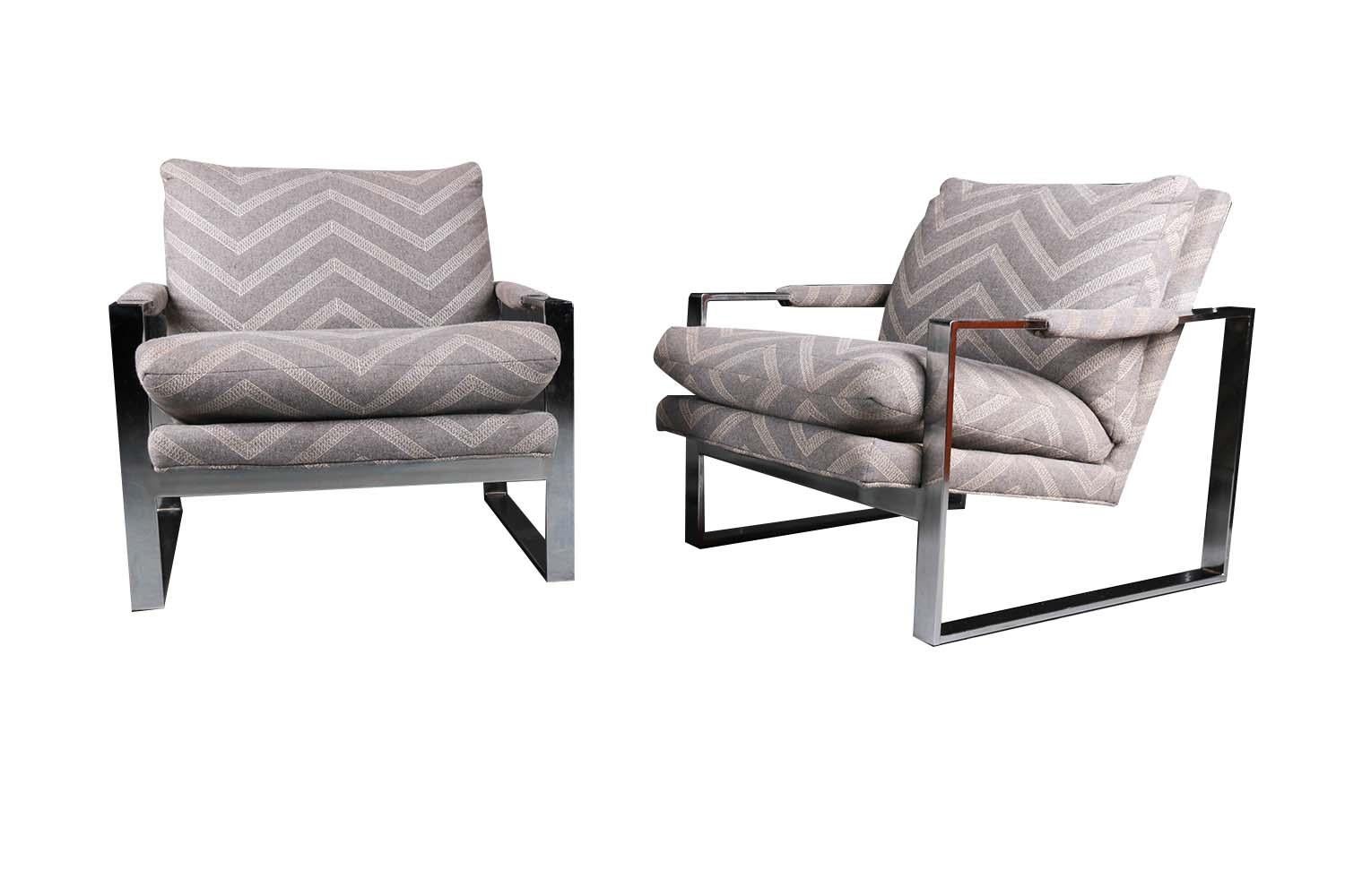This gorgeous pair of chrome lounge chairs are of remarkably high quality, by Milo Baughman for Thayer Coggin. They have been maintained in a single collection since the original owners’ purchase. The gorgeous craftsmanship in these original chairs