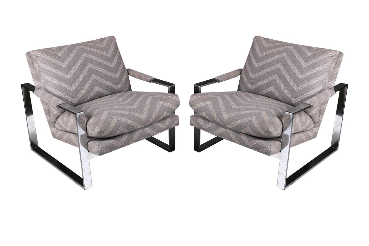 Mid-Century Modern Midcentury Chrome Lounge Chairs Milo Baughman Style Pair For Sale