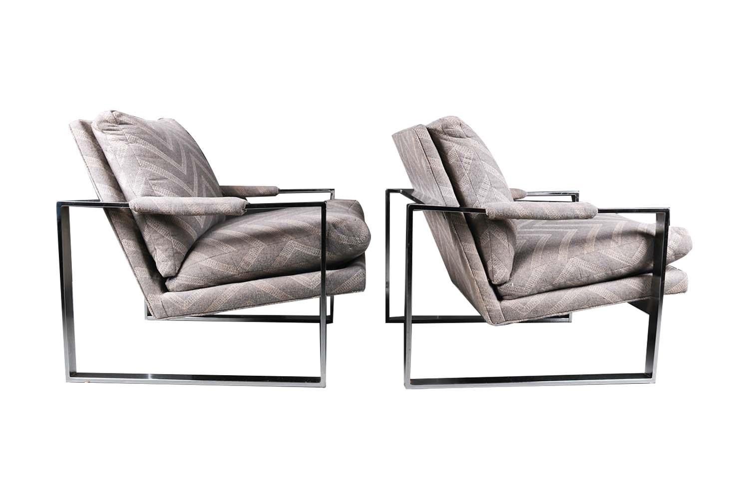 Midcentury Chrome Lounge Chairs Milo Baughman Style Pair In Good Condition For Sale In Baltimore, MD