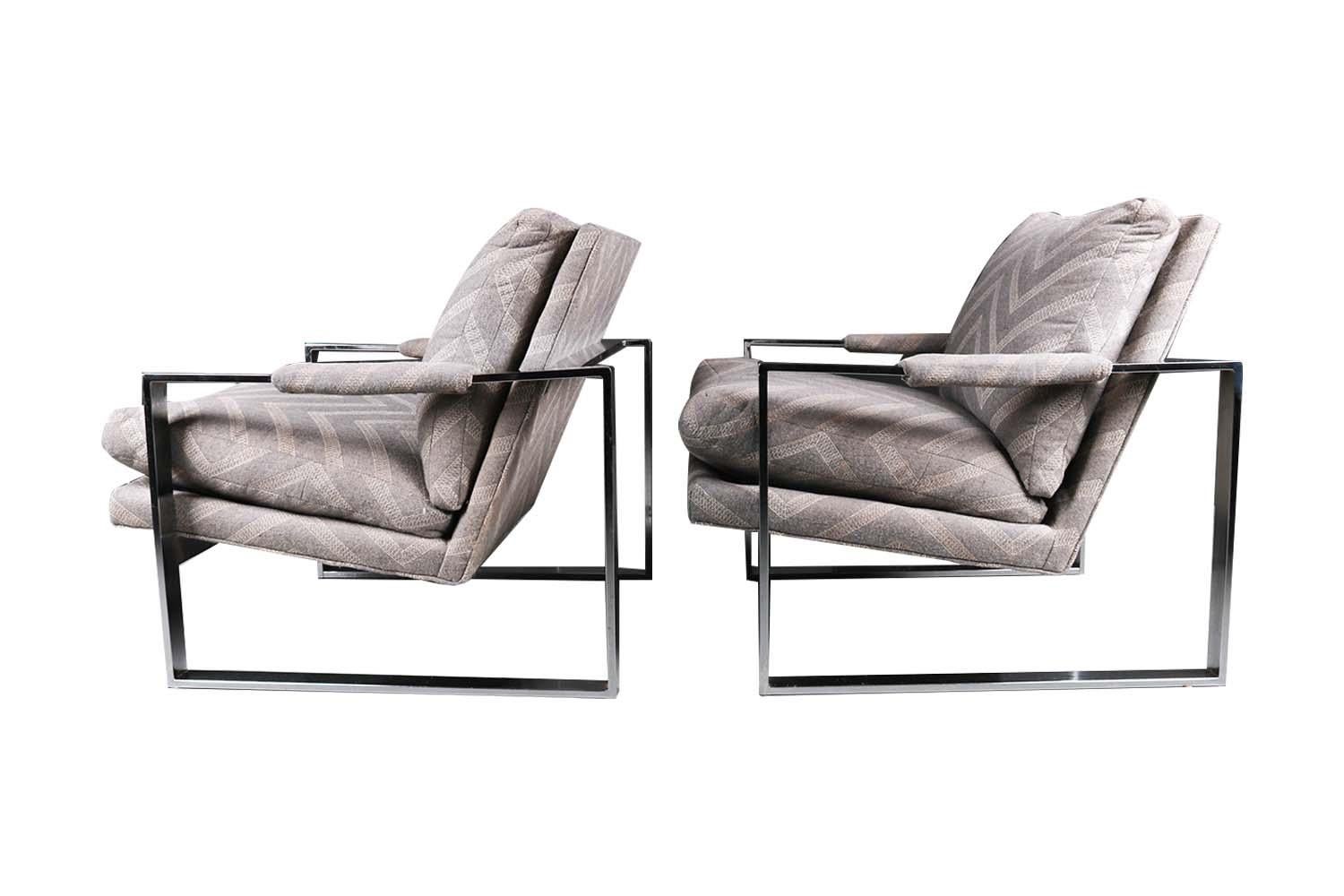 Upholstery Midcentury Chrome Lounge Chairs Milo Baughman Style Pair For Sale